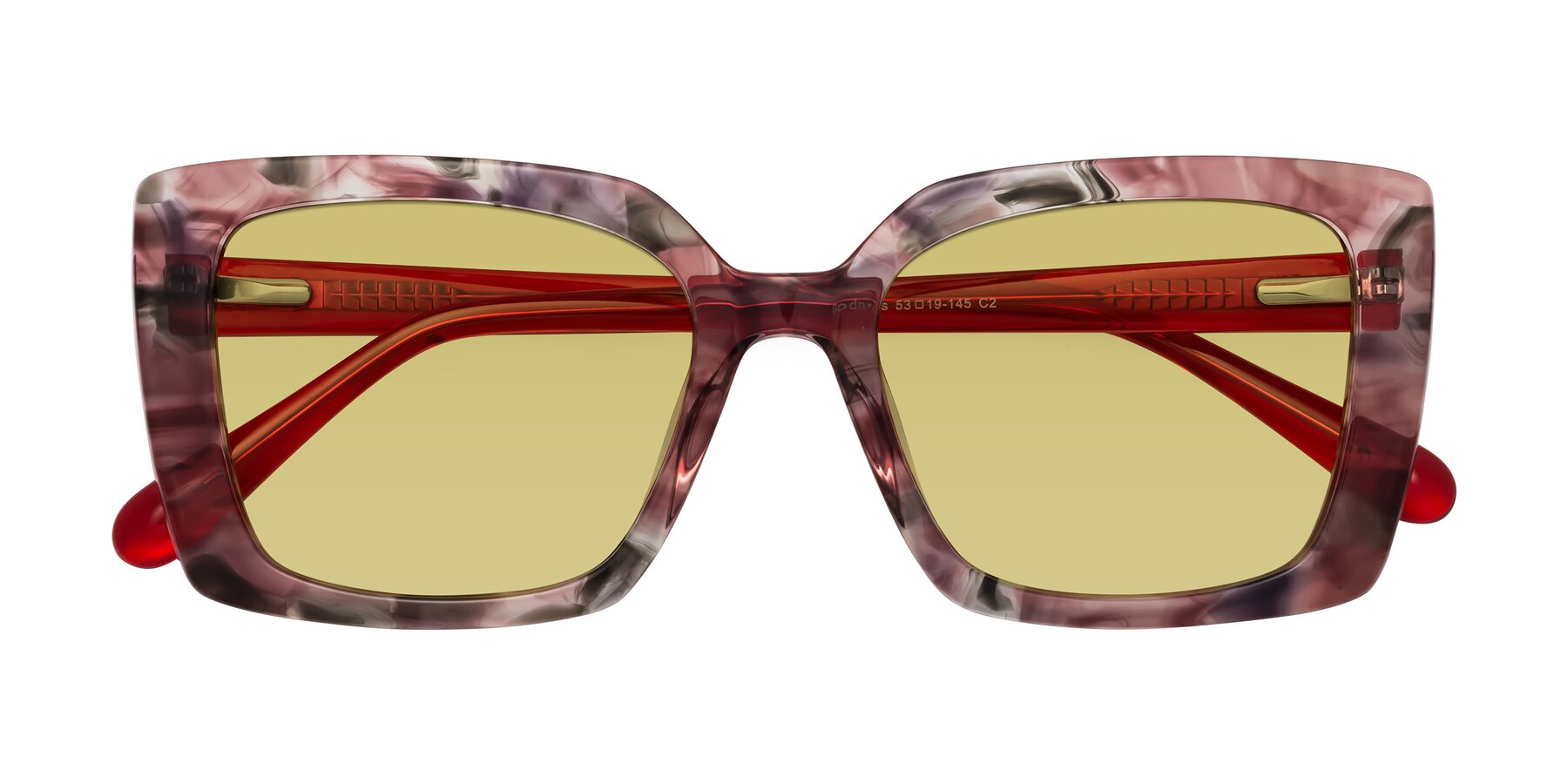 Folded Front of Godness in Red-Floral with Medium Champagne Tinted Lenses