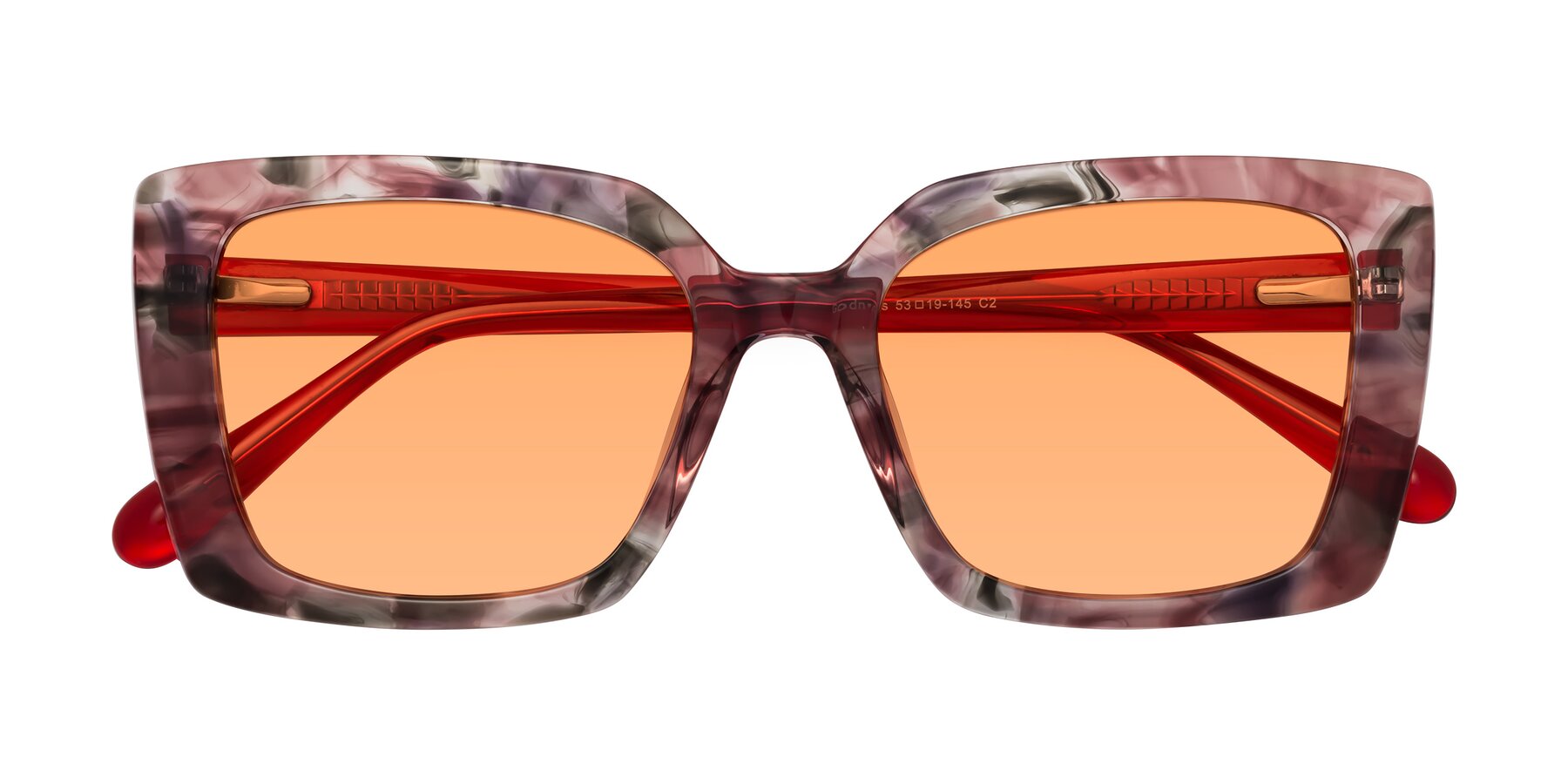 Folded Front of Godness in Red-Floral with Medium Orange Tinted Lenses