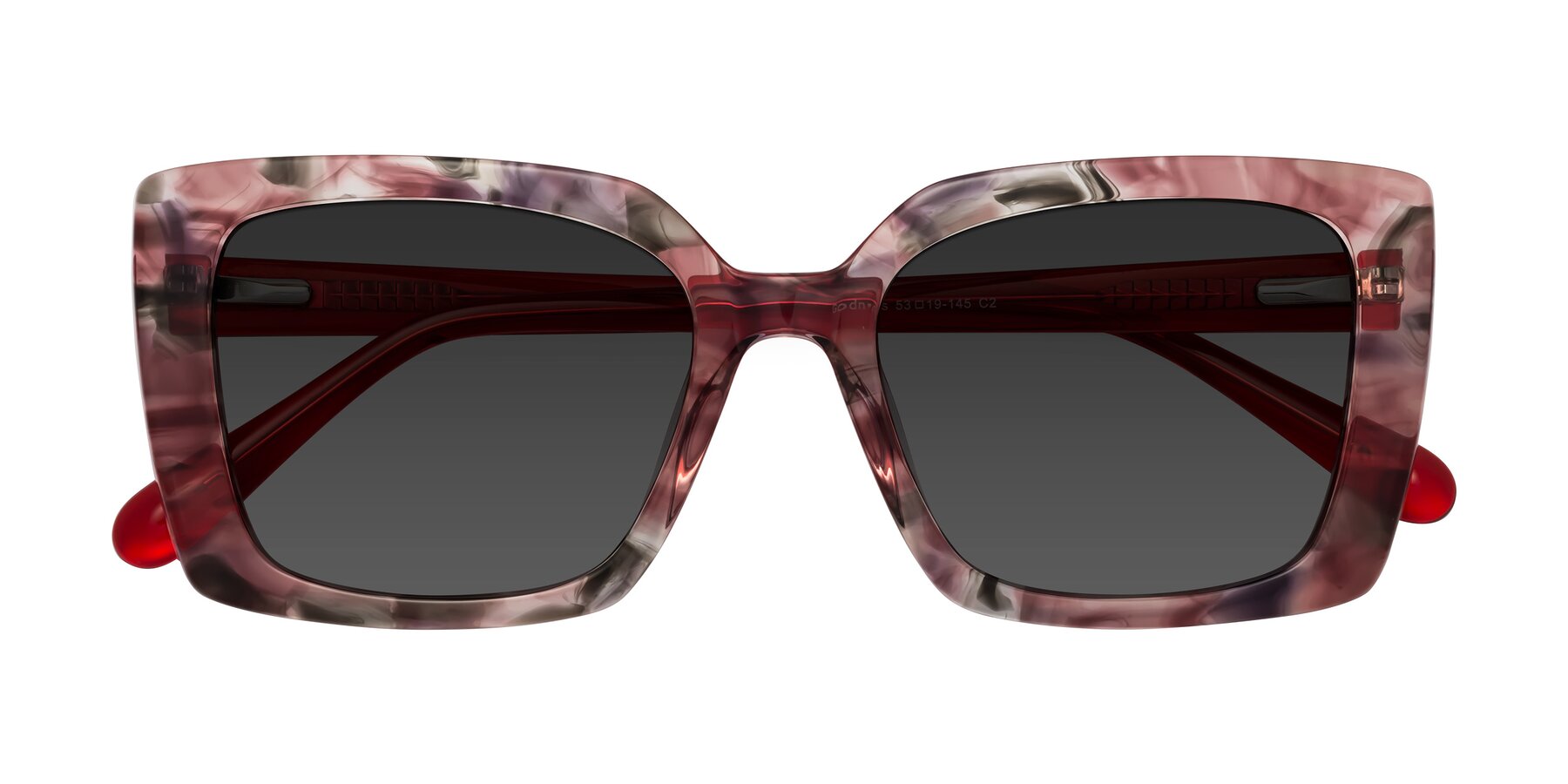 Folded Front of Godness in Red-Floral with Gray Tinted Lenses