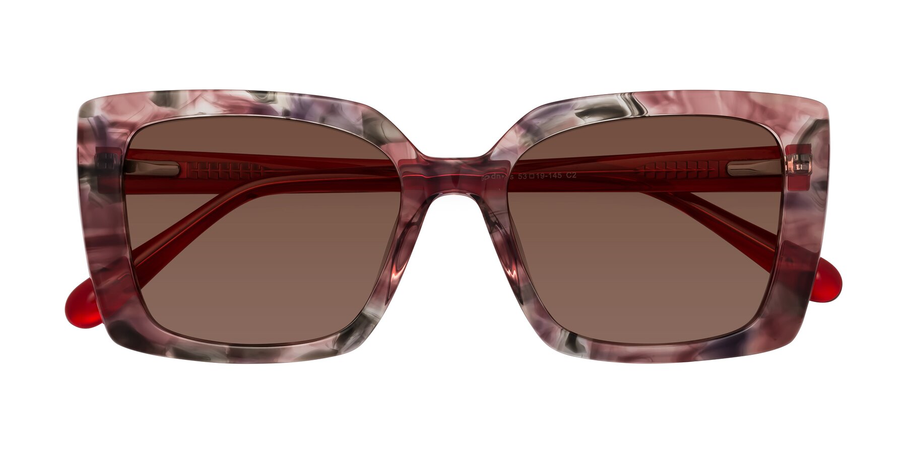 Folded Front of Godness in Red-Floral with Brown Tinted Lenses