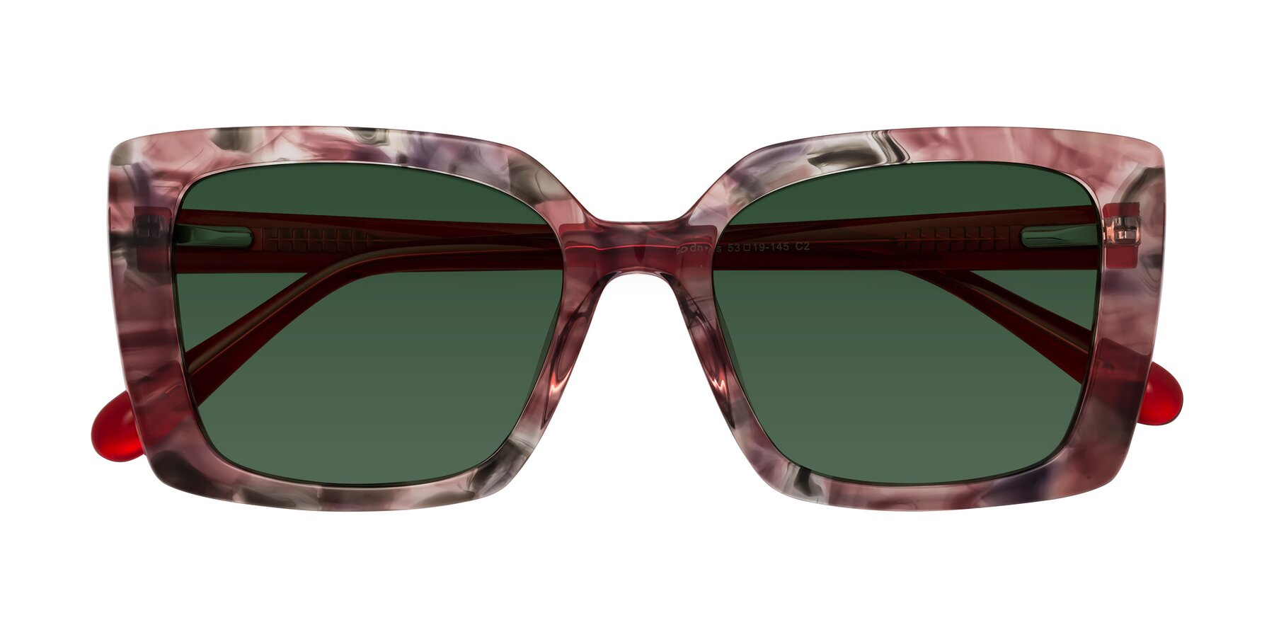 Folded Front of Godness in Red-Floral with Green Tinted Lenses