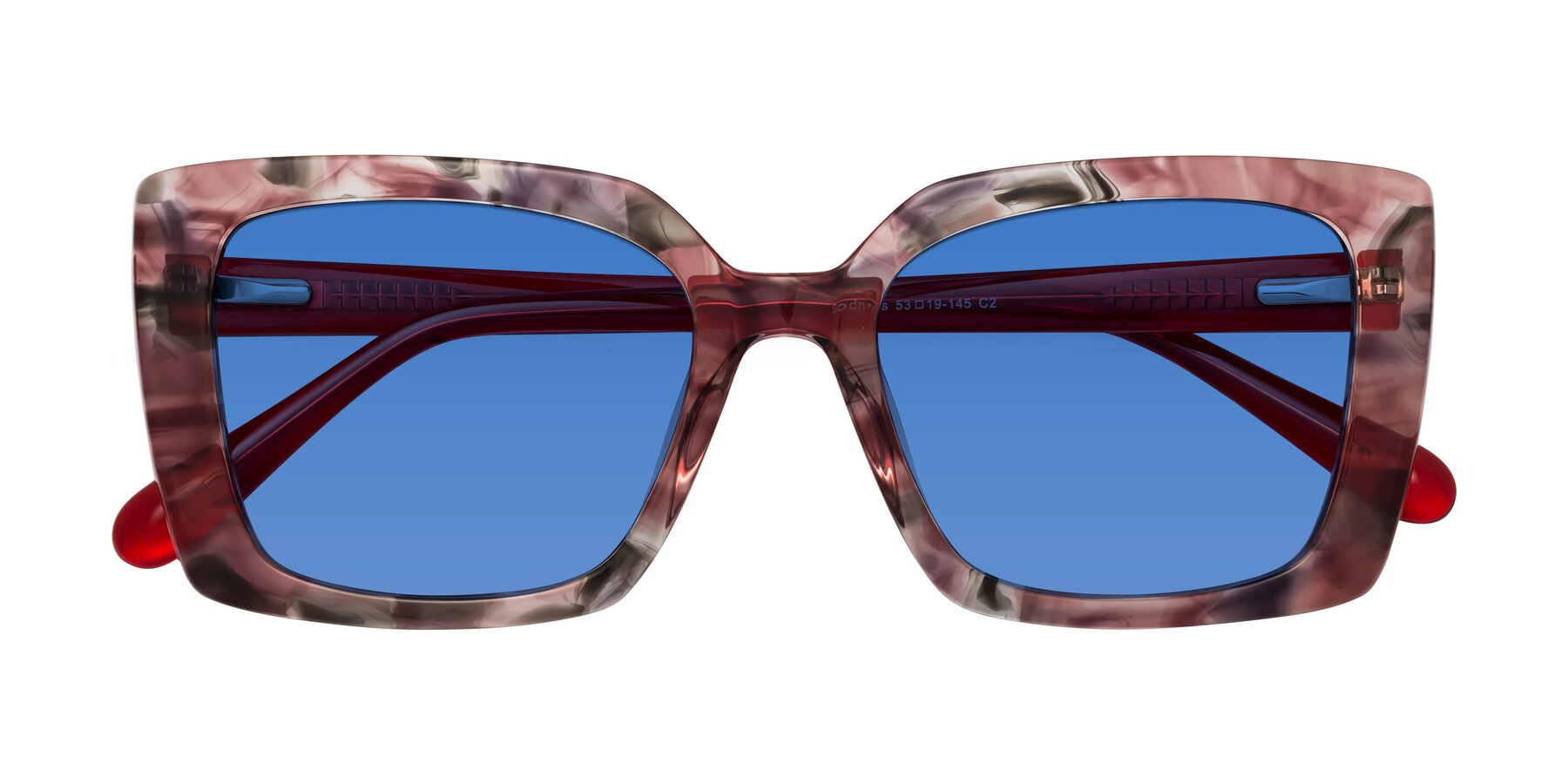 Folded Front of Godness in Red-Floral with Blue Tinted Lenses