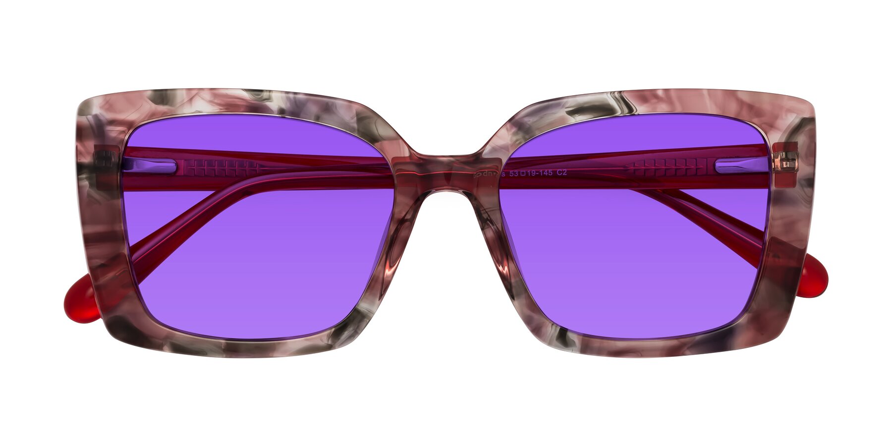 Folded Front of Godness in Red-Floral with Purple Tinted Lenses