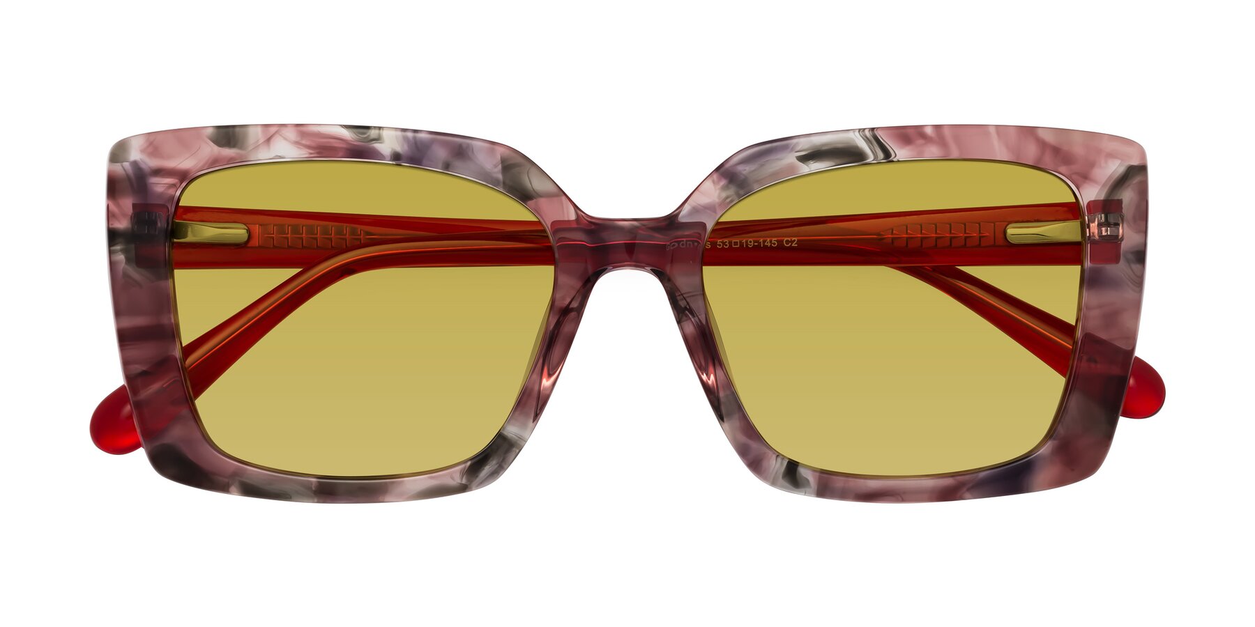 Folded Front of Godness in Red-Floral with Champagne Tinted Lenses