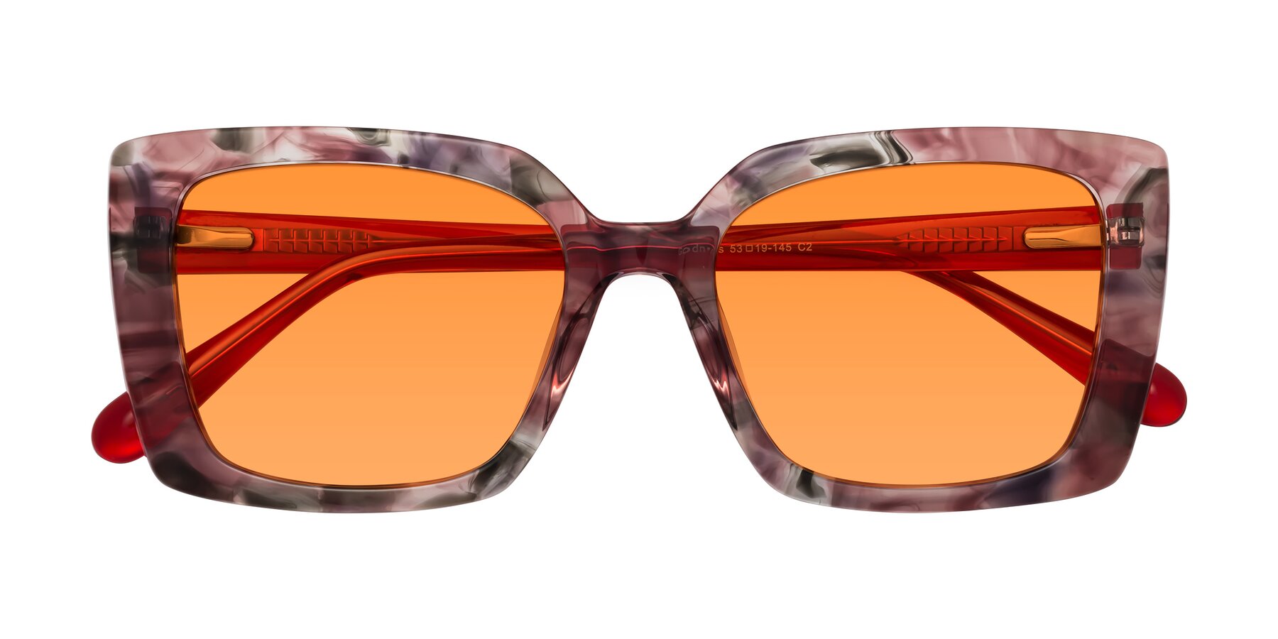 Folded Front of Godness in Red-Floral with Orange Tinted Lenses