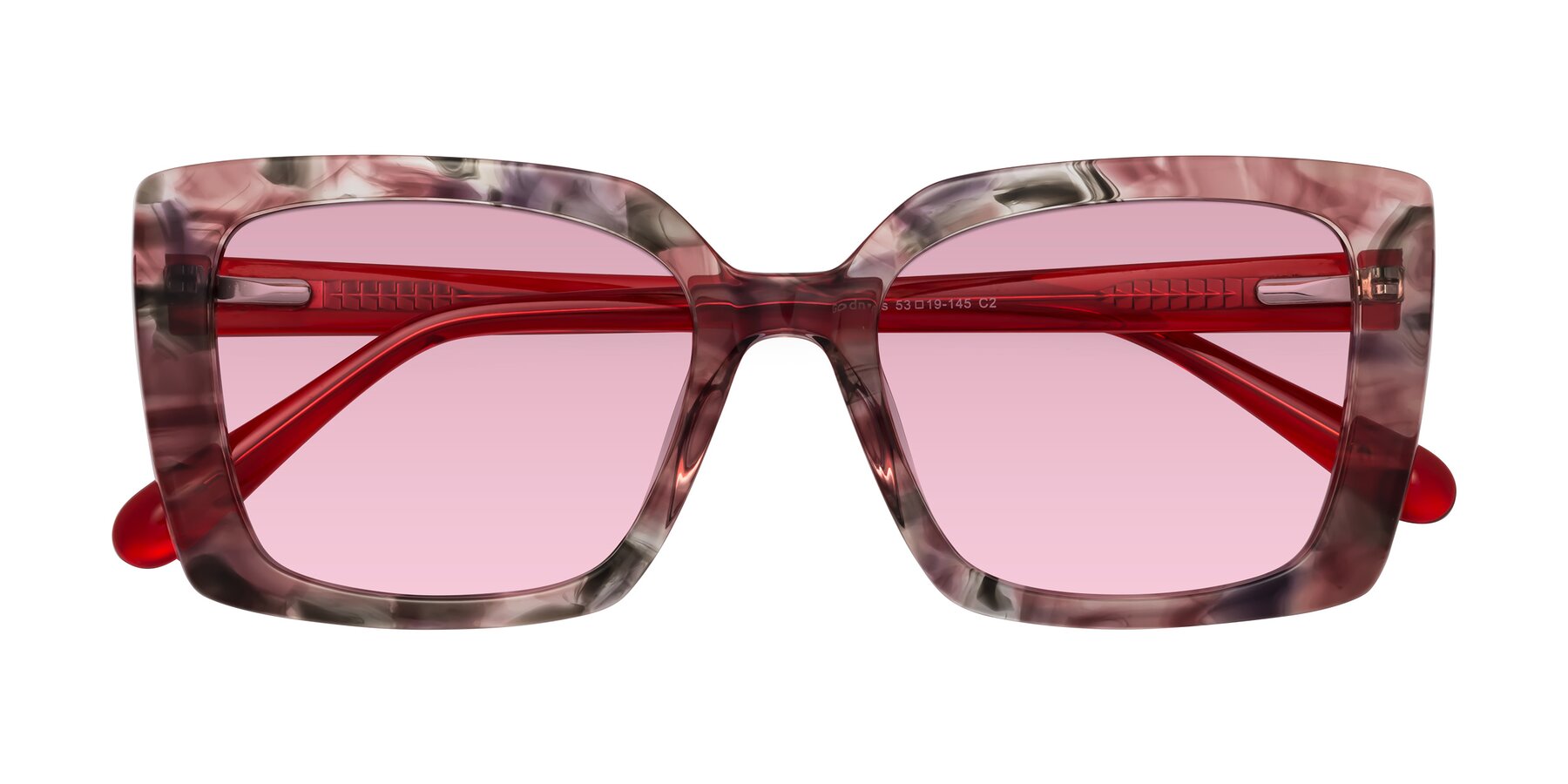 Folded Front of Godness in Red-Floral with Light Wine Tinted Lenses