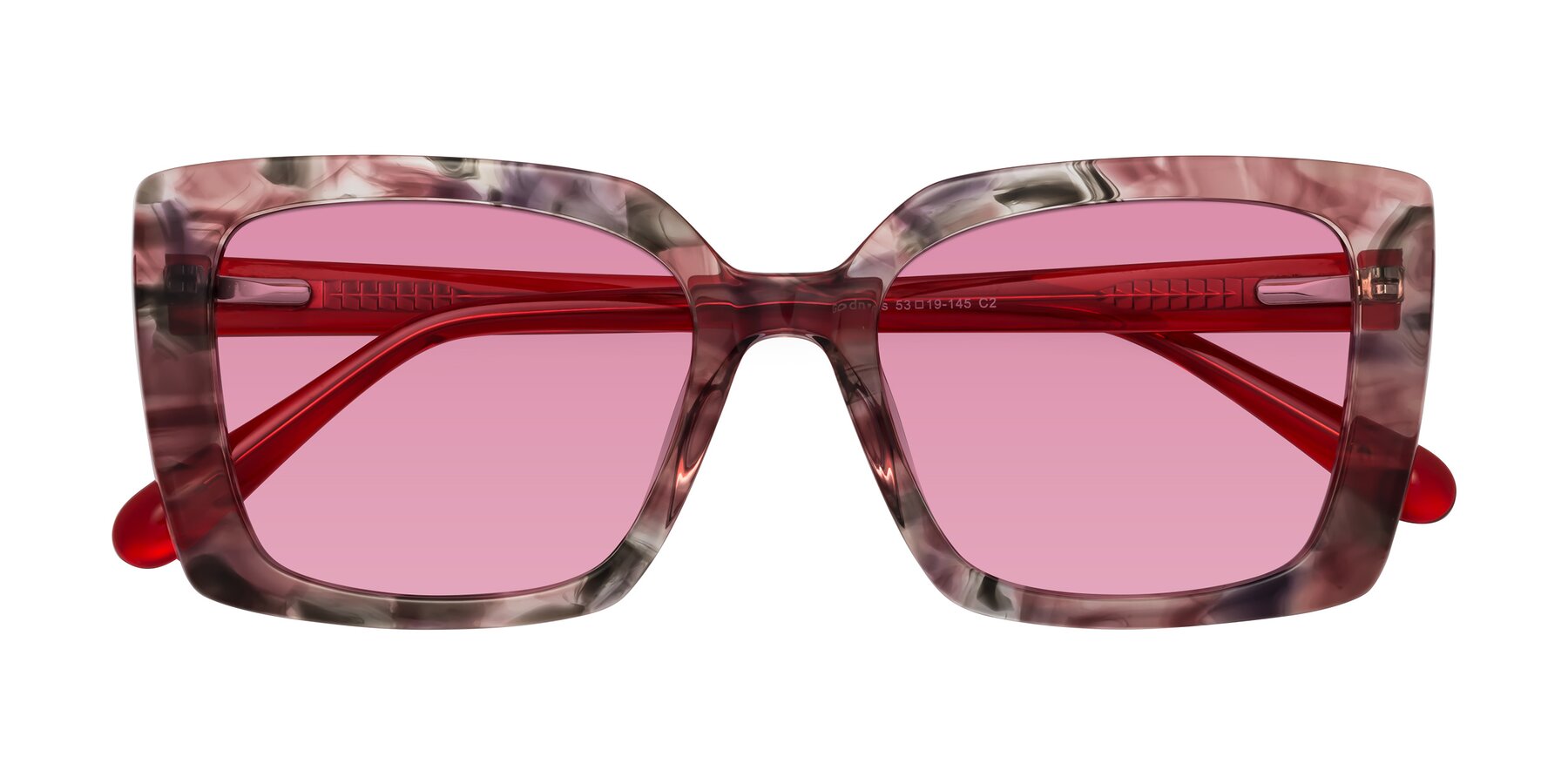 Folded Front of Godness in Red-Floral with Medium Wine Tinted Lenses