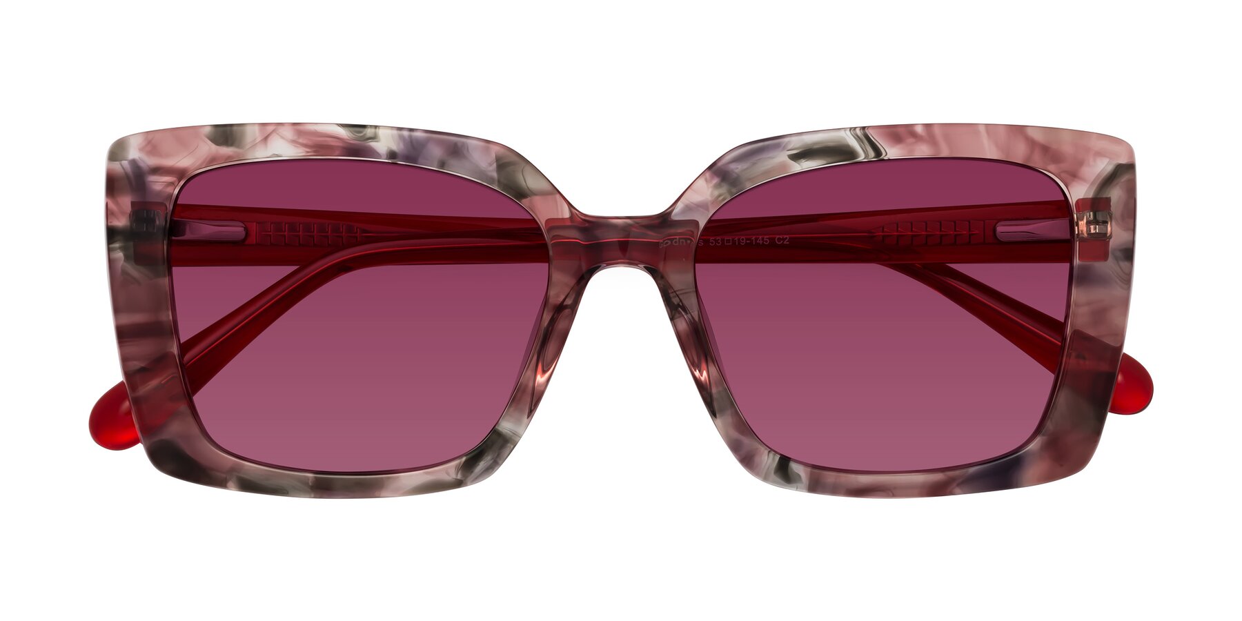 Folded Front of Godness in Red-Floral with Wine Tinted Lenses