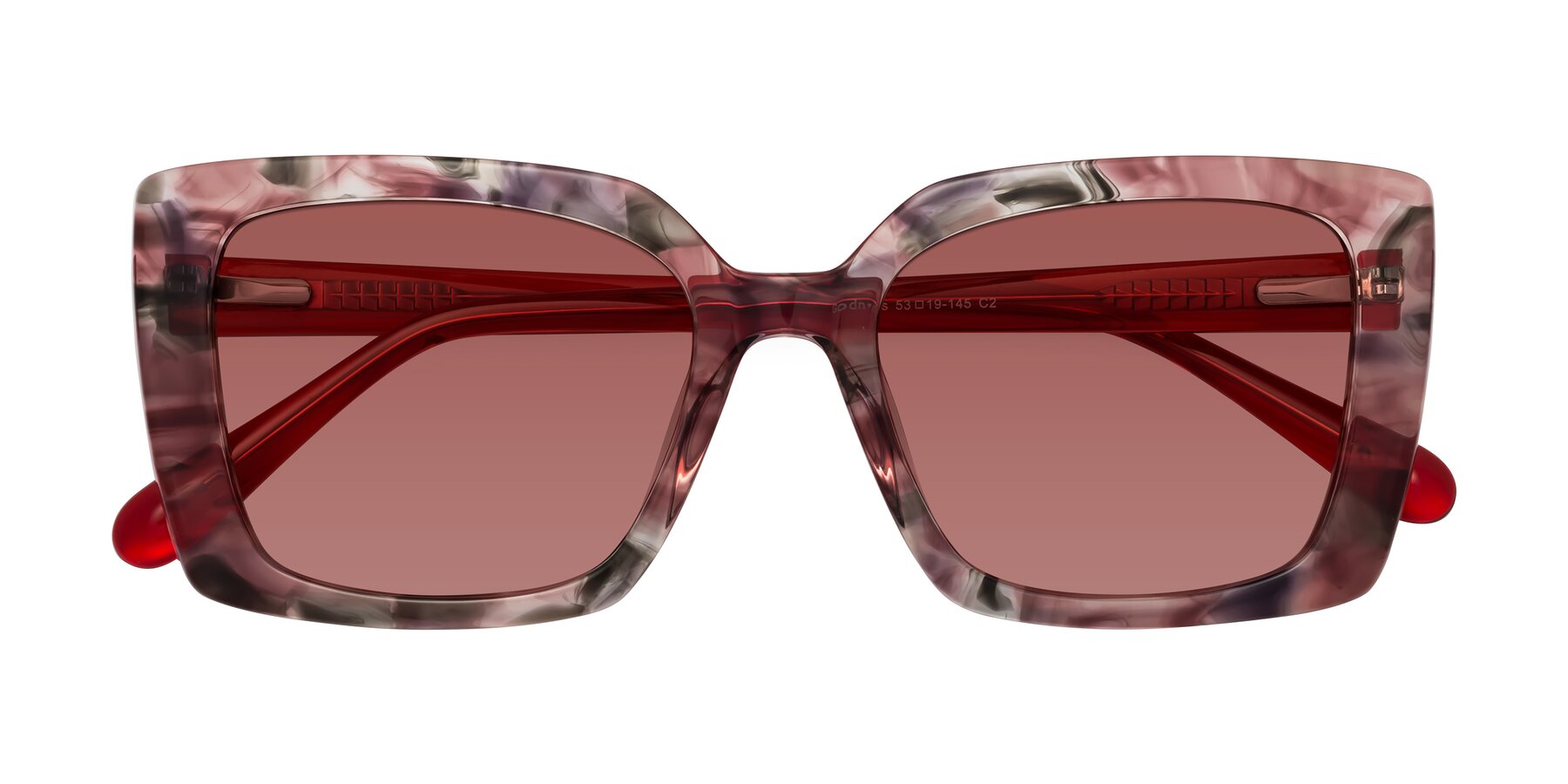 Folded Front of Godness in Red-Floral with Garnet Tinted Lenses