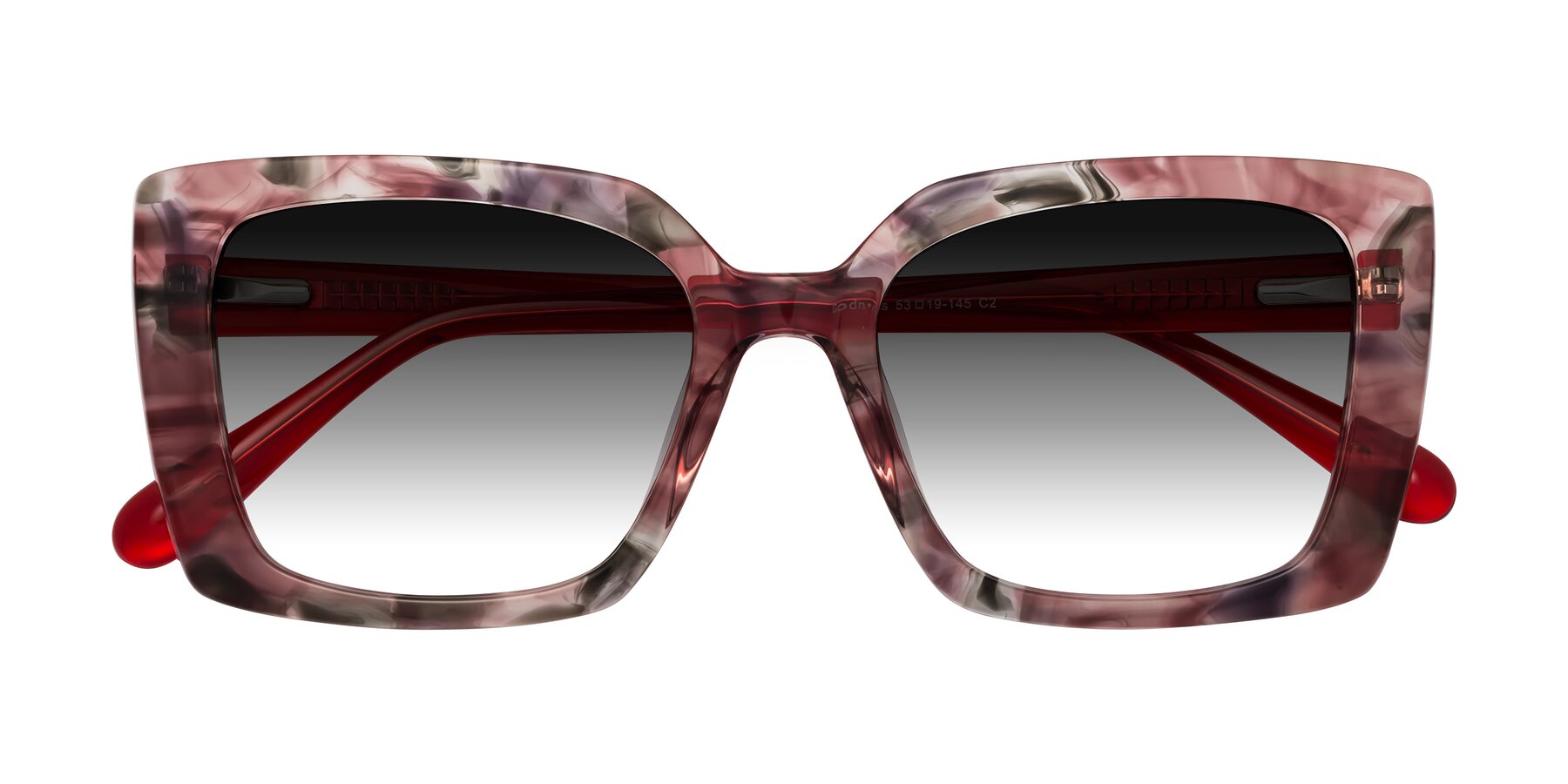 Folded Front of Godness in Red-Floral with Gray Gradient Lenses