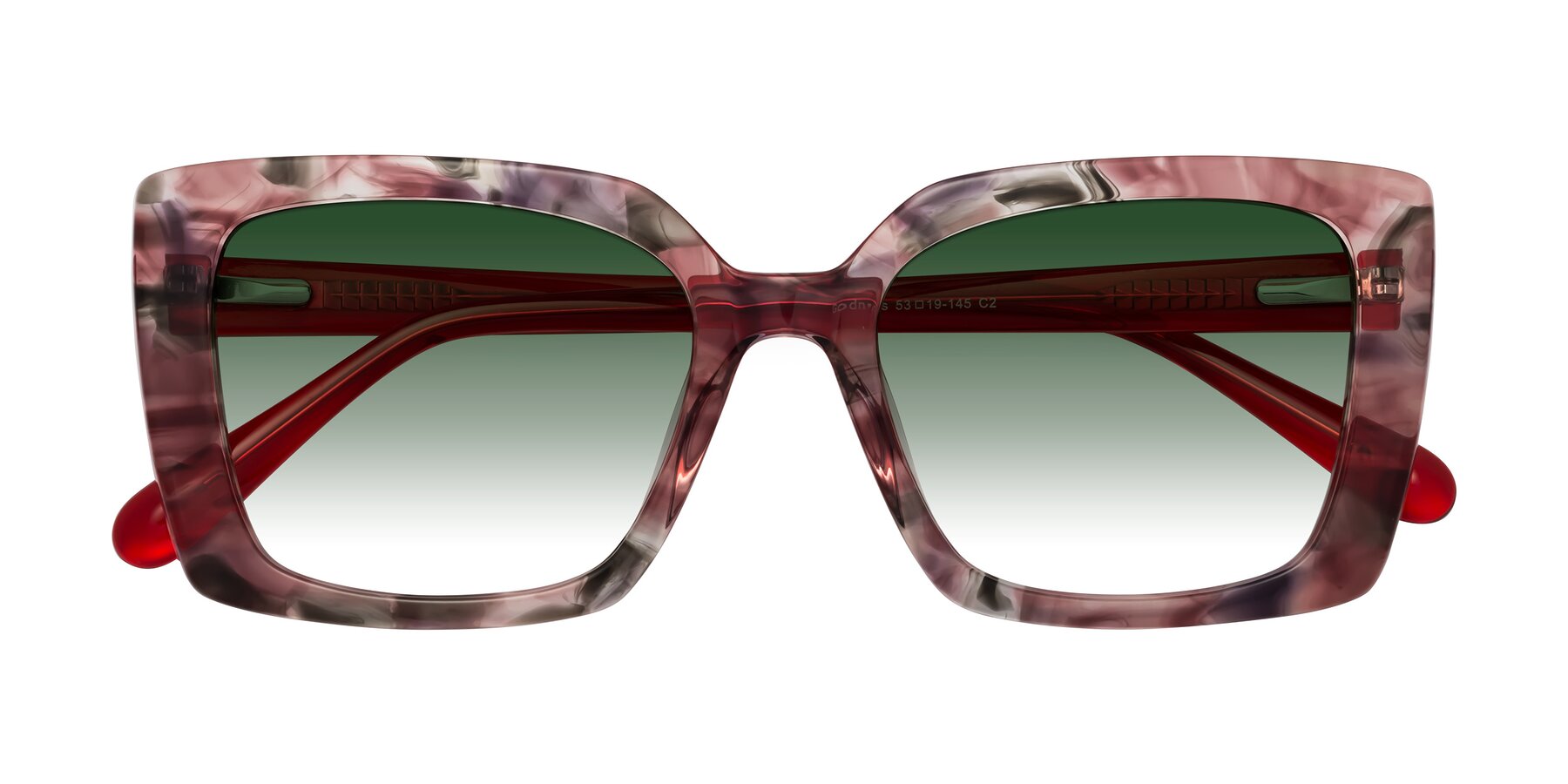 Folded Front of Godness in Red-Floral with Green Gradient Lenses