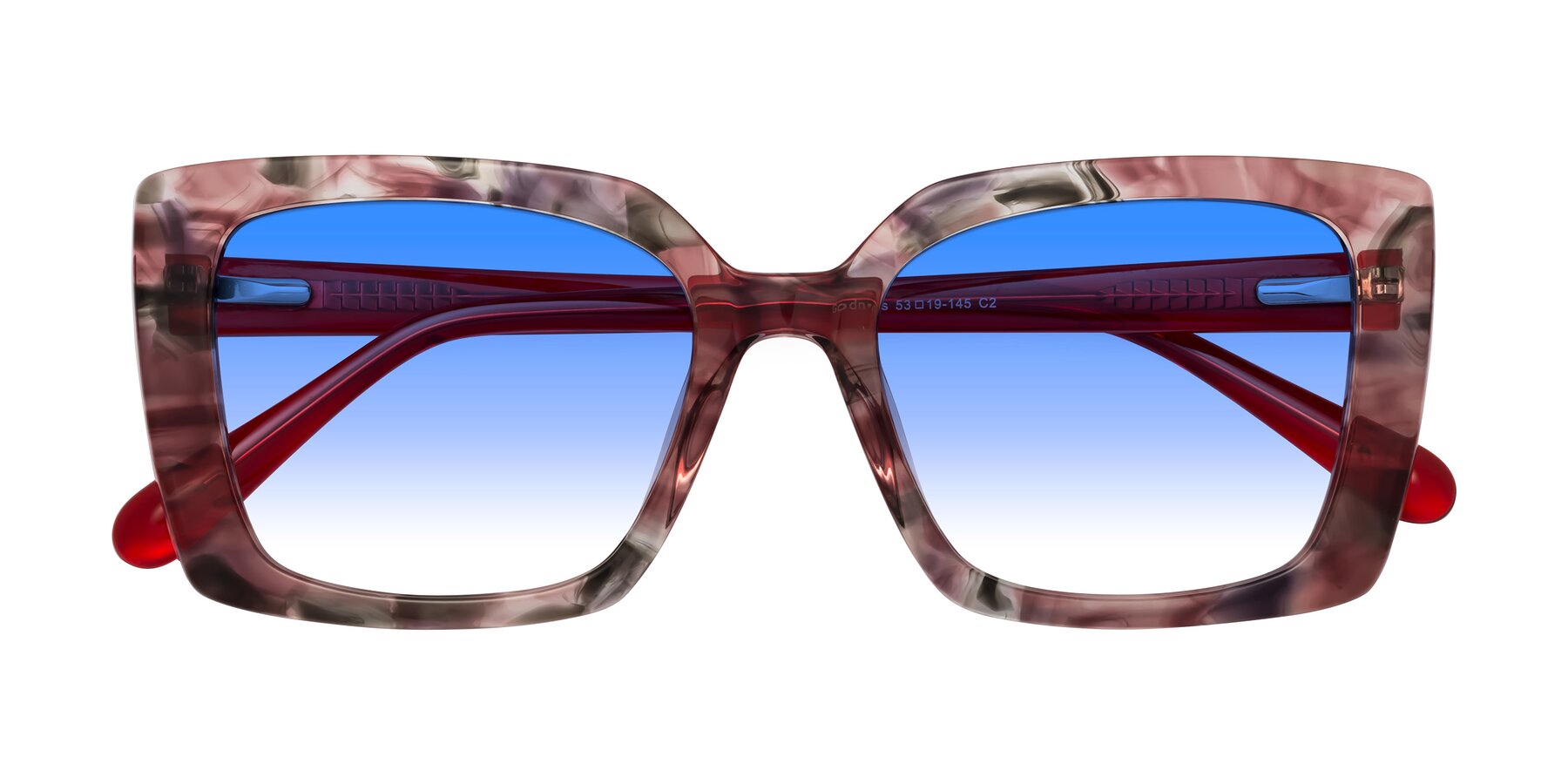 Folded Front of Godness in Red-Floral with Blue Gradient Lenses