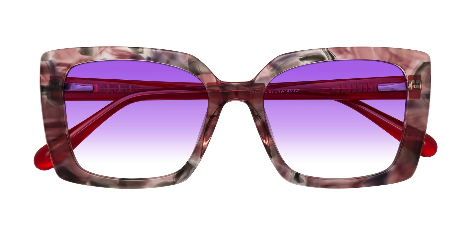 Folded Front of Godness in Red-Floral with Purple Gradient Lenses