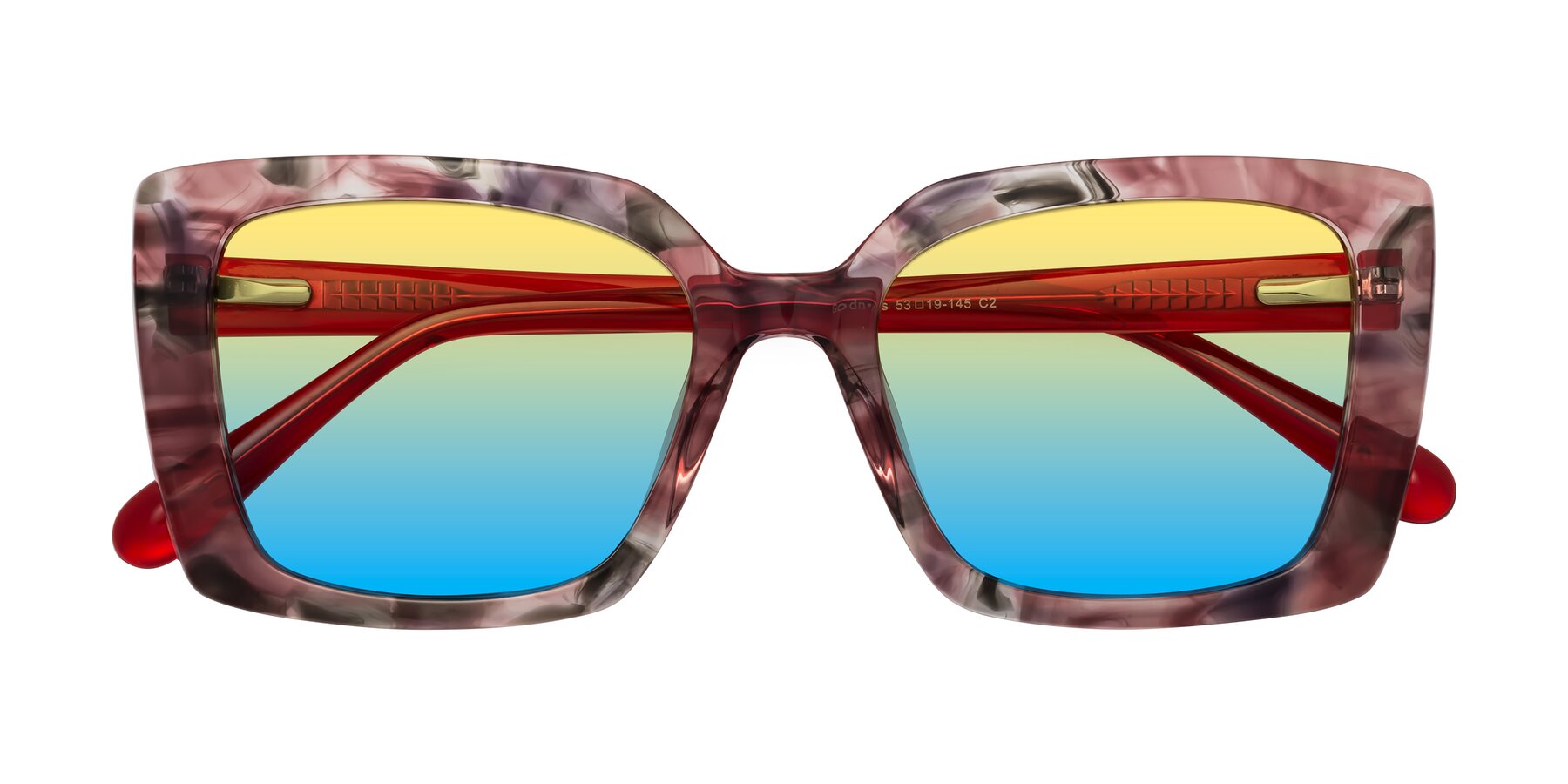 Folded Front of Godness in Red-Floral with Yellow / Blue Gradient Lenses