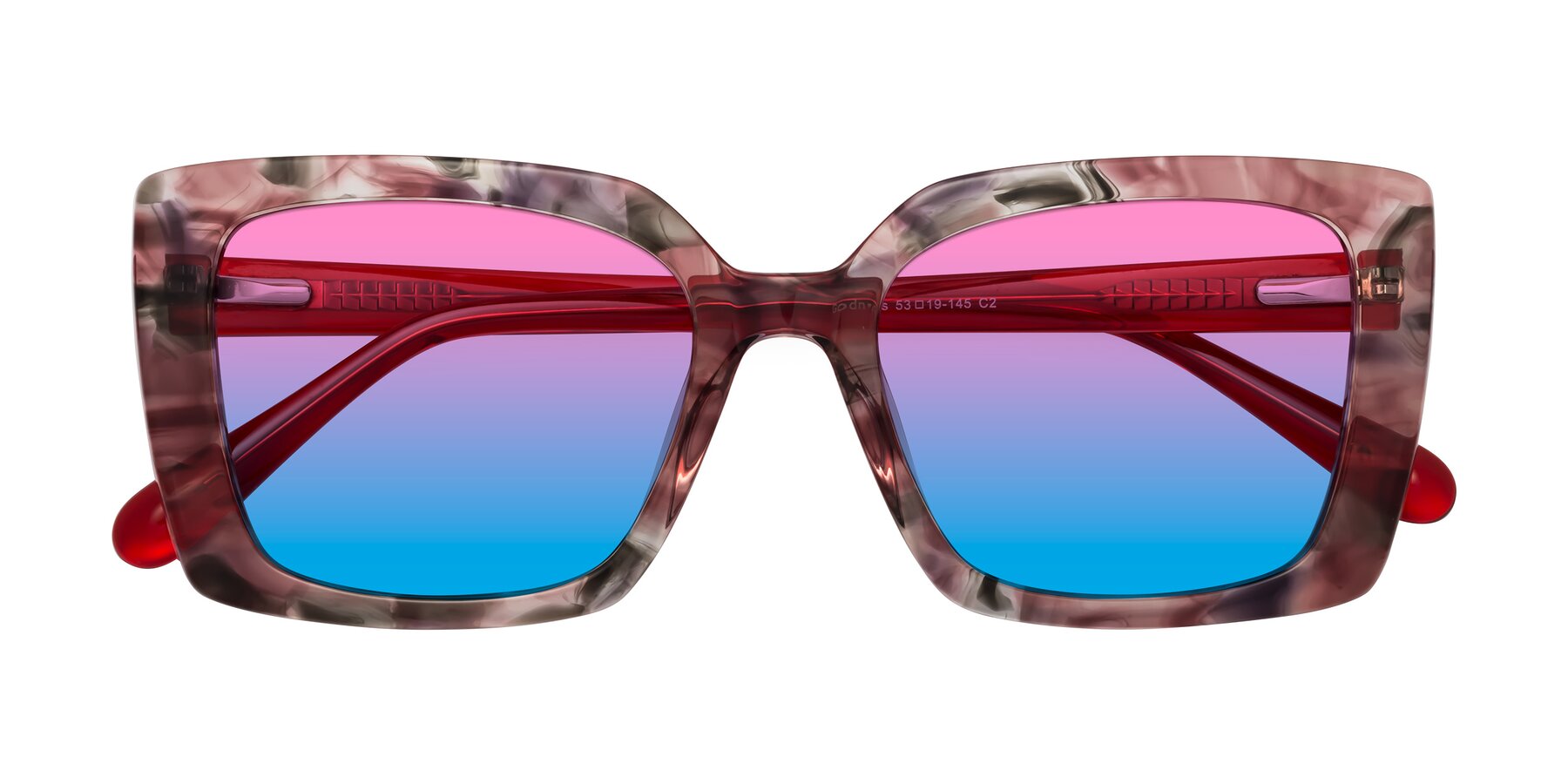 Folded Front of Godness in Red-Floral with Pink / Blue Gradient Lenses