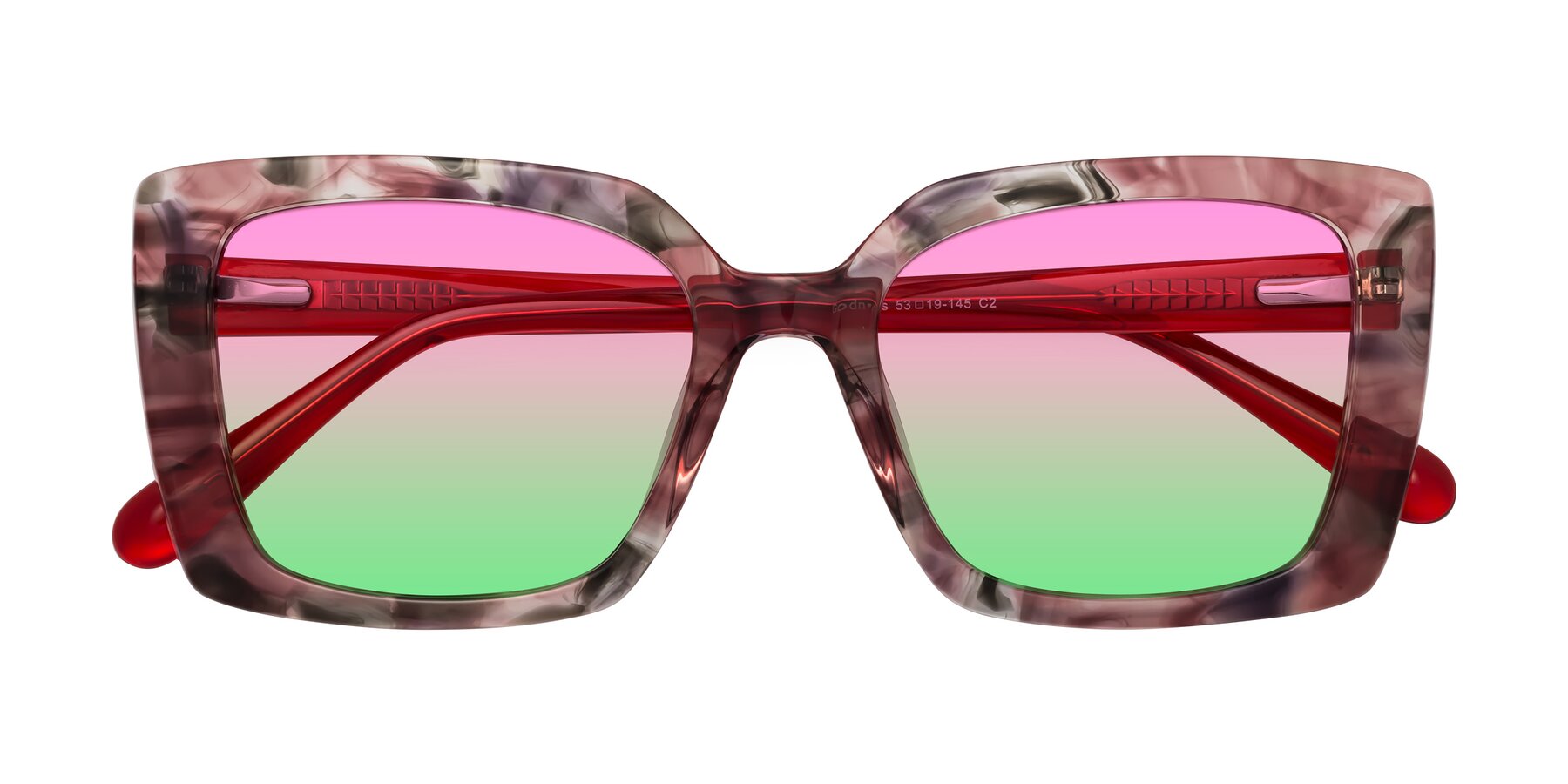 Folded Front of Godness in Red-Floral with Pink / Green Gradient Lenses