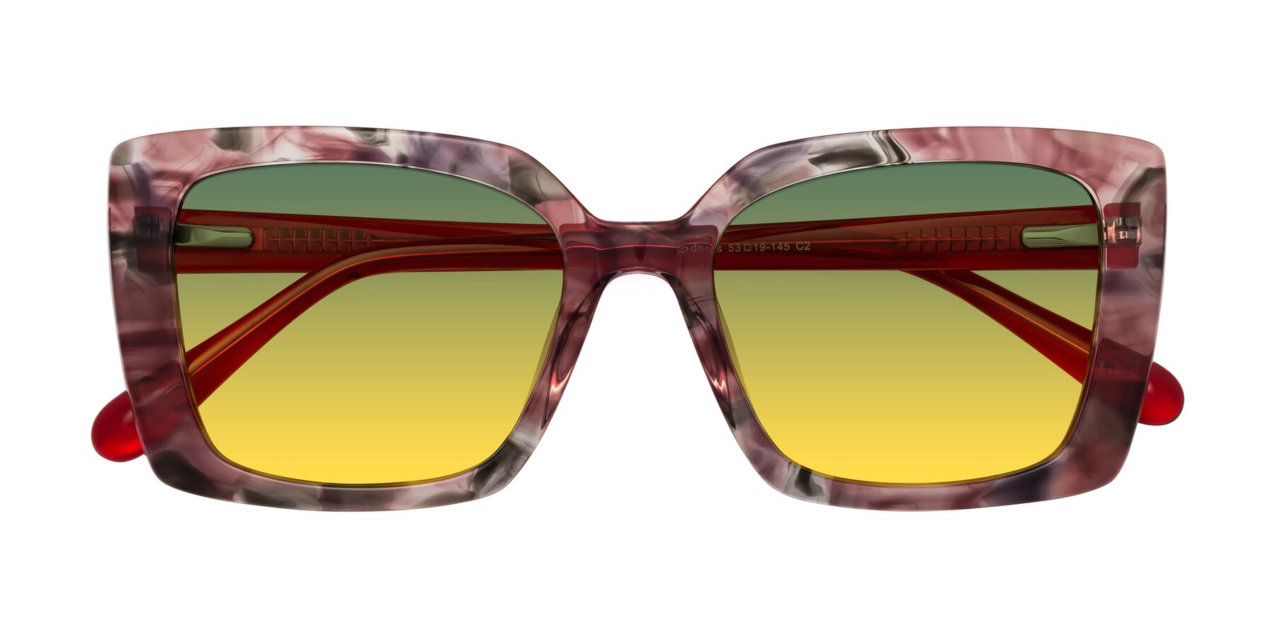 Folded Front of Godness in Red-Floral with Green / Yellow Gradient Lenses