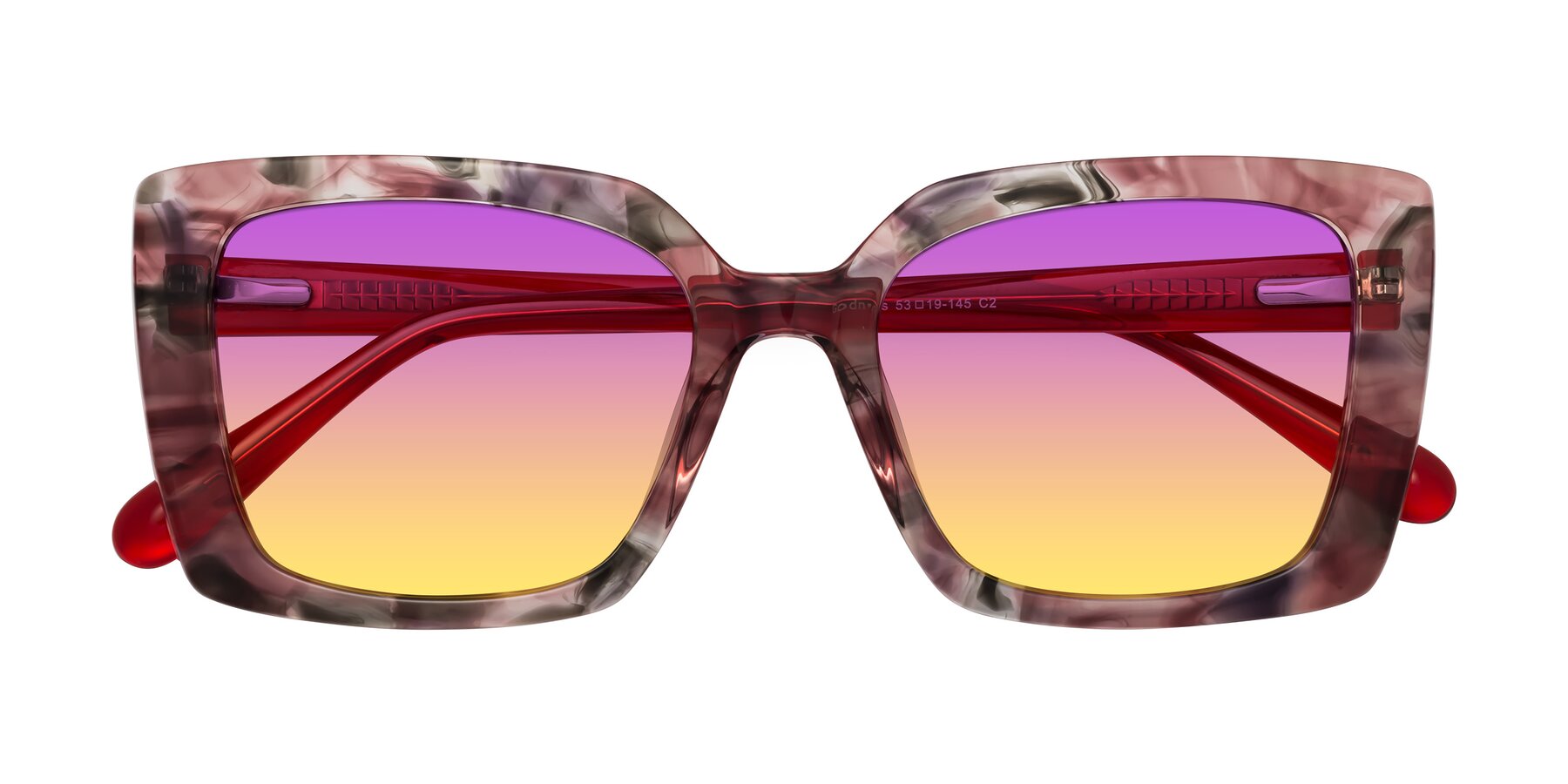 Folded Front of Godness in Red-Floral with Purple / Yellow Gradient Lenses