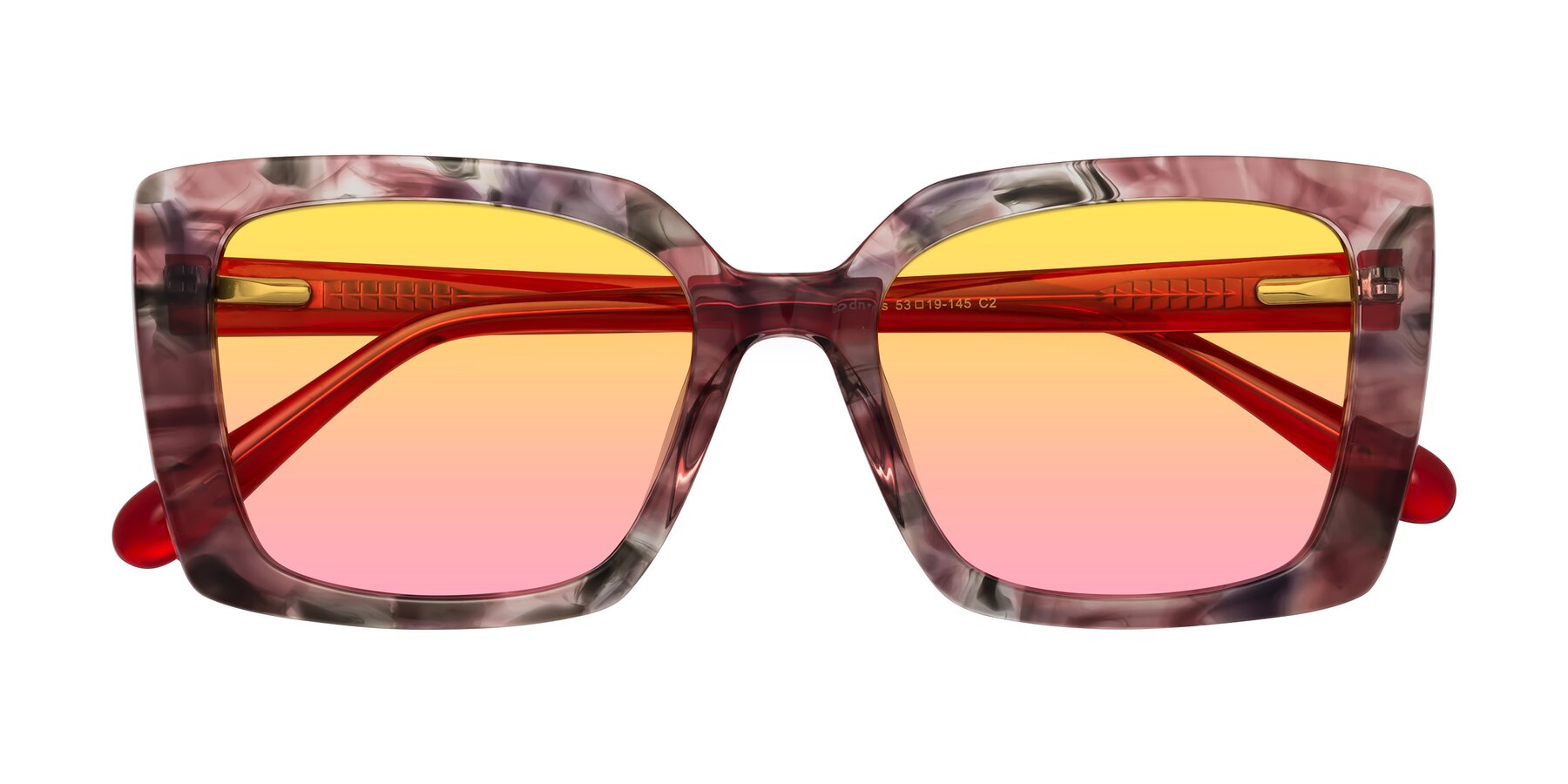 Folded Front of Godness in Red-Floral with Yellow / Pink Gradient Lenses