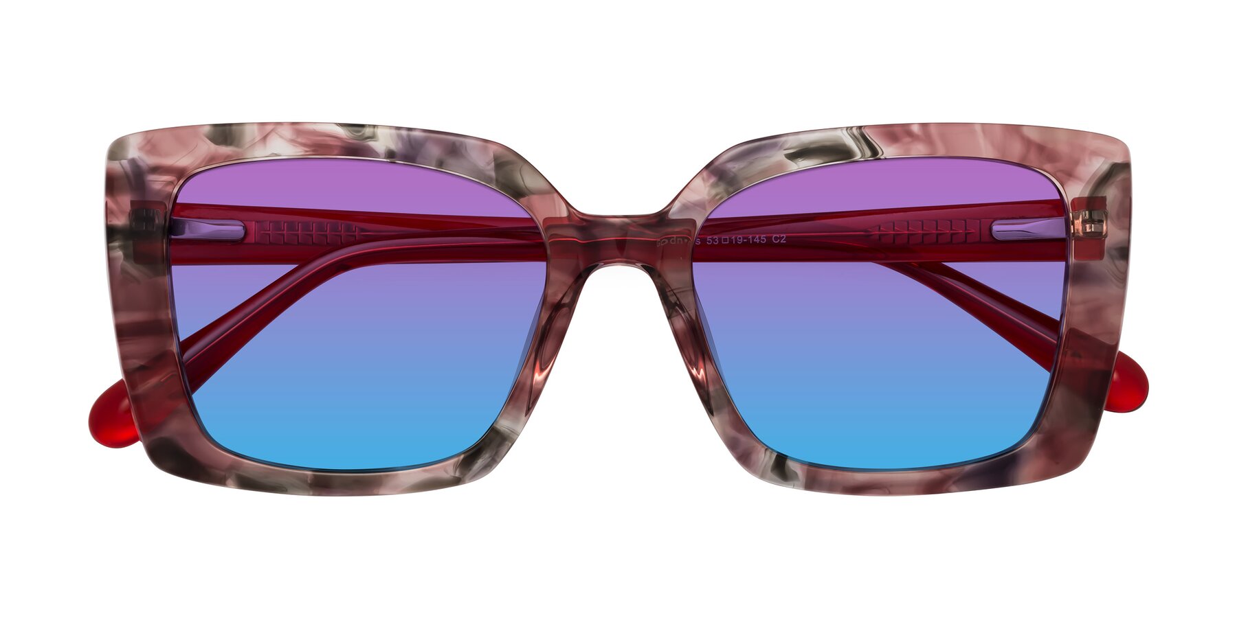 Folded Front of Godness in Red-Floral with Purple / Blue Gradient Lenses