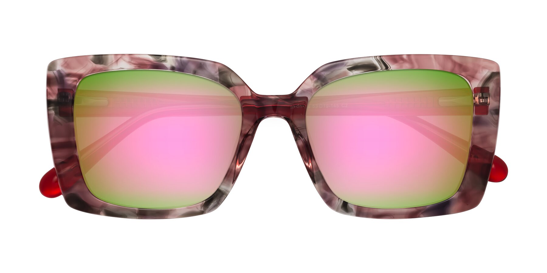 Folded Front of Godness in Red-Floral with Pink Mirrored Lenses