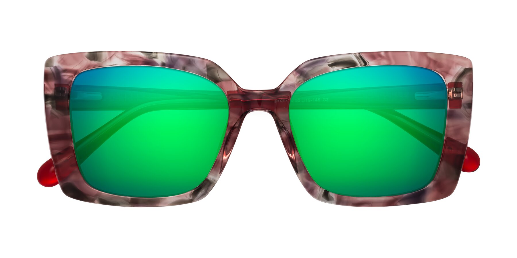 Folded Front of Godness in Red-Floral with Green Mirrored Lenses