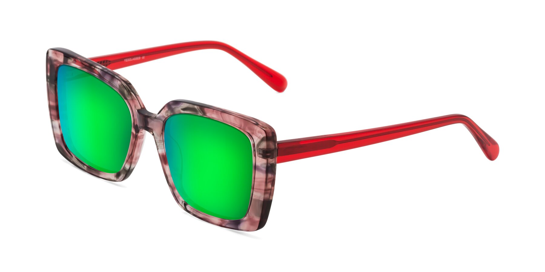 Angle of Godness in Red-Floral with Green Mirrored Lenses