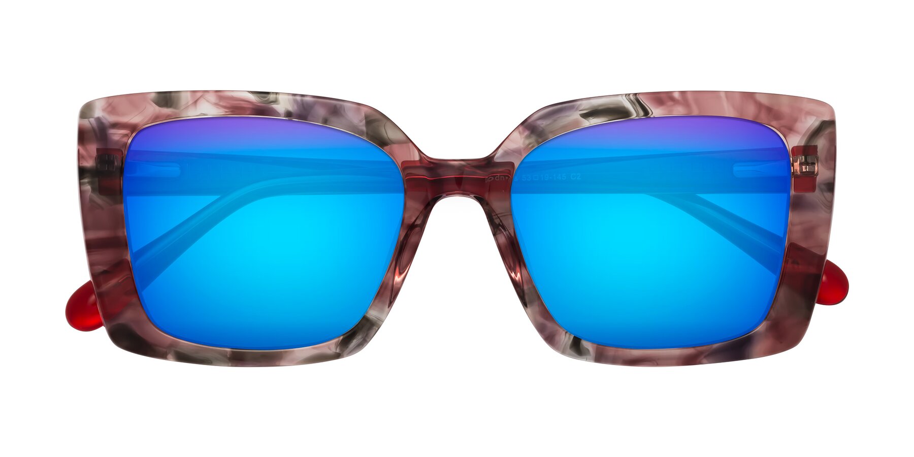 Folded Front of Godness in Red-Floral with Blue Mirrored Lenses