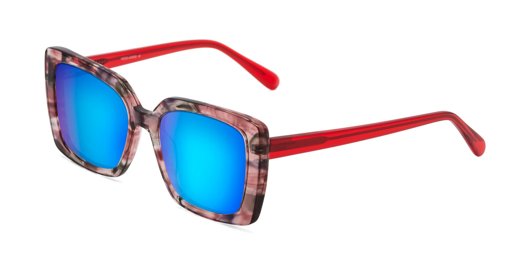 Angle of Godness in Red-Floral with Blue Mirrored Lenses