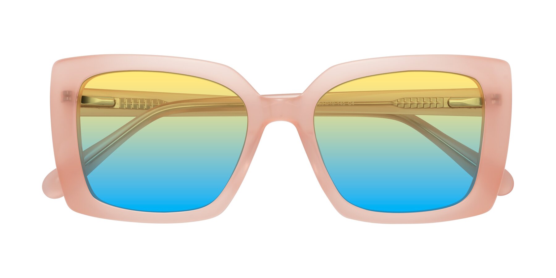 Folded Front of Godness in Coral Pink with Yellow / Blue Gradient Lenses