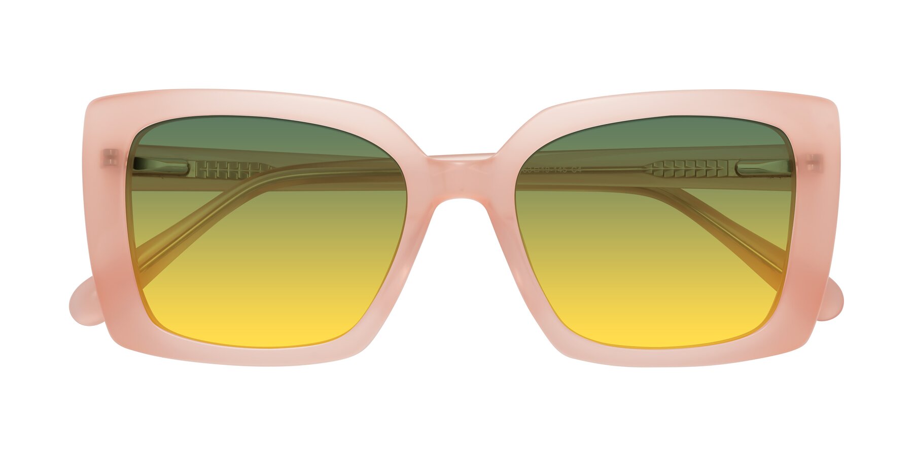 Folded Front of Godness in Coral Pink with Green / Yellow Gradient Lenses