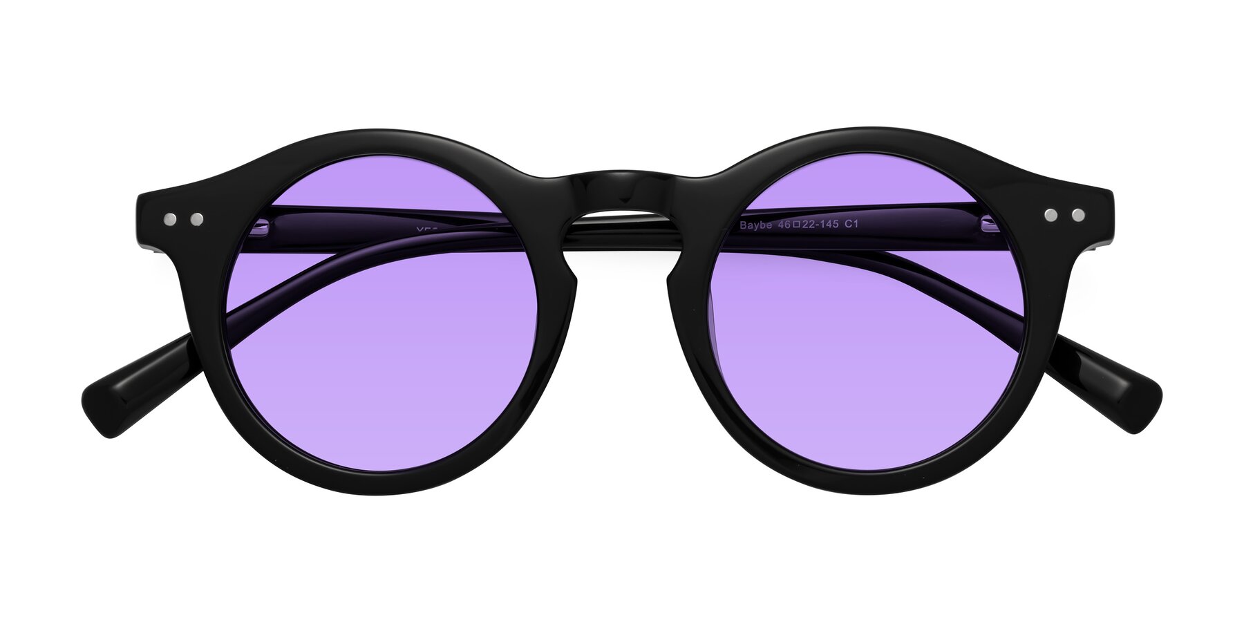 Folded Front of Baybe in Black with Medium Purple Tinted Lenses