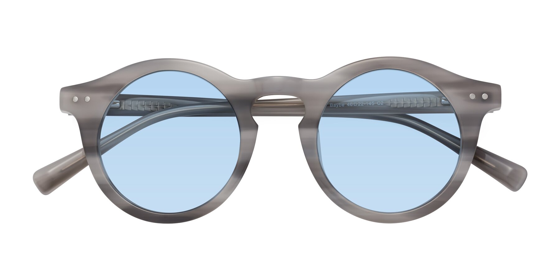 Folded Front of Baybe in Gray Striped with Light Blue Tinted Lenses