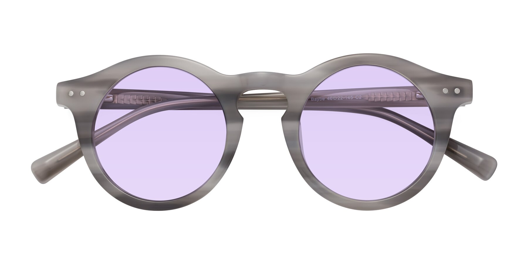 Folded Front of Baybe in Gray Striped with Light Purple Tinted Lenses