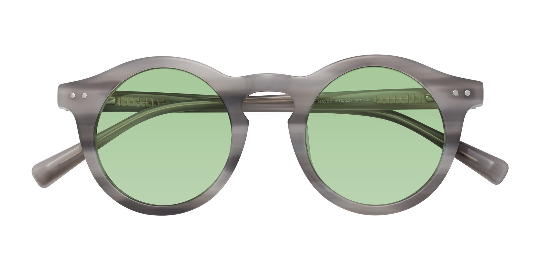 Folded Front of Baybe in Gray Striped with Medium Green Tinted Lenses