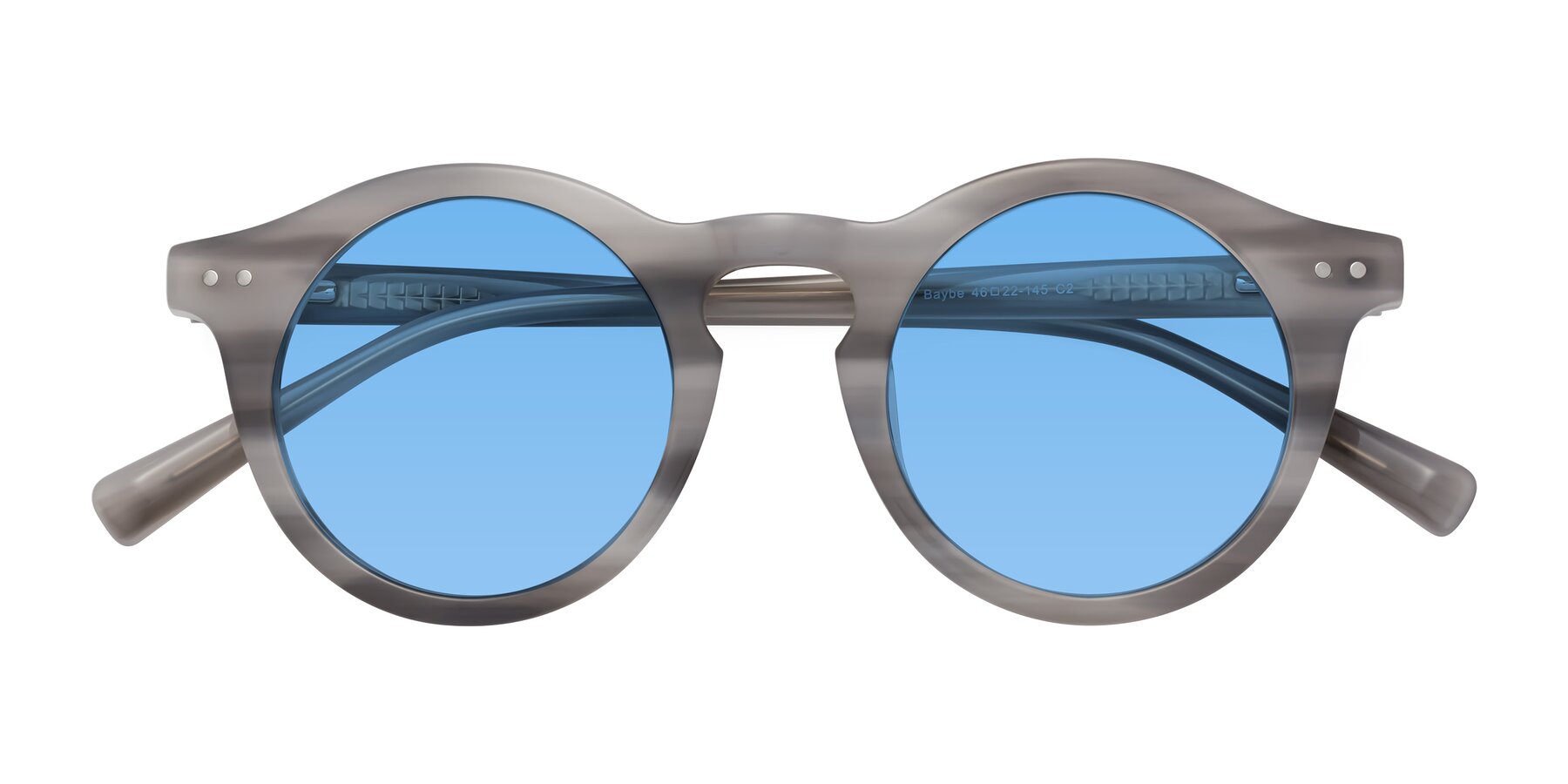 Folded Front of Baybe in Gray Striped with Medium Blue Tinted Lenses