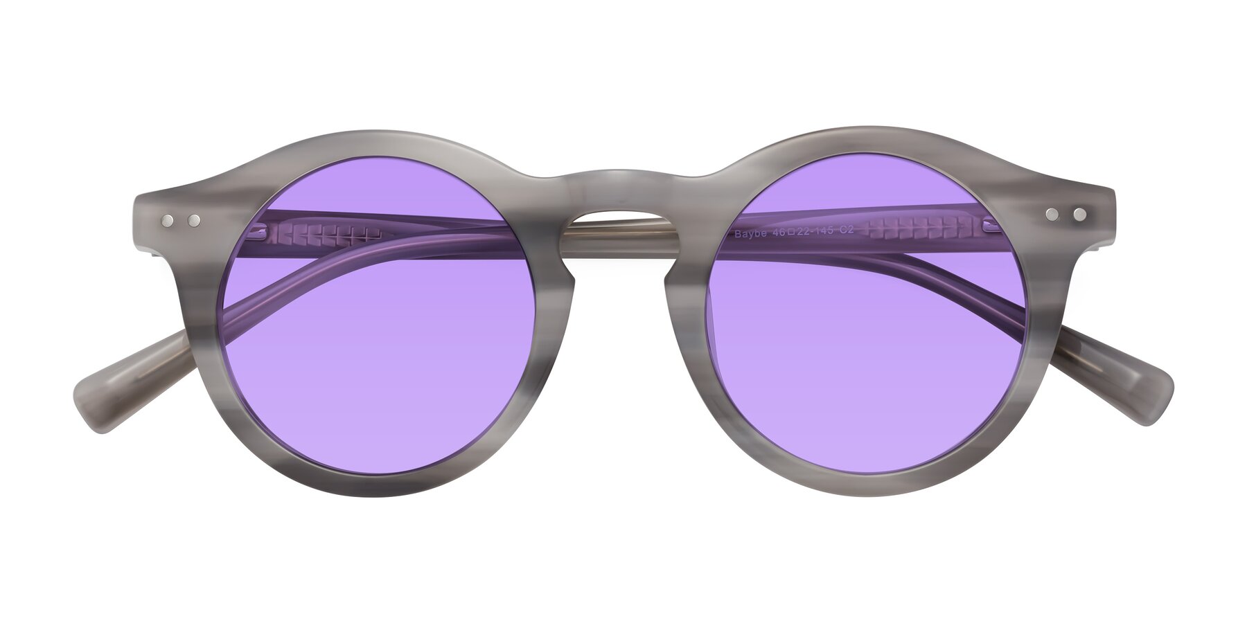 Folded Front of Baybe in Gray Striped with Medium Purple Tinted Lenses