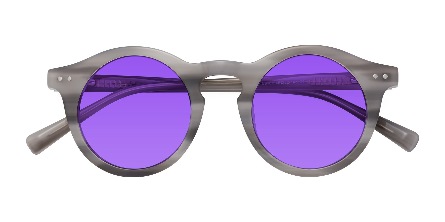 Folded Front of Baybe in Gray Striped with Purple Tinted Lenses