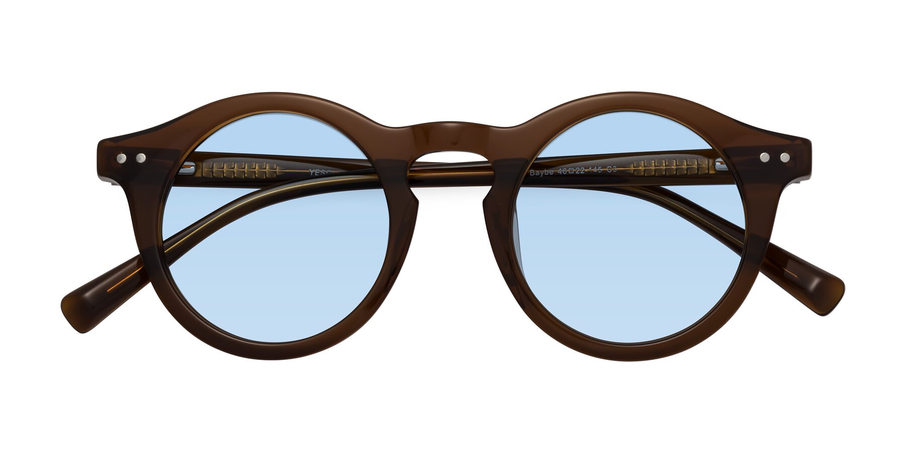 Folded Front of Baybe in Brown with Light Blue Tinted Lenses