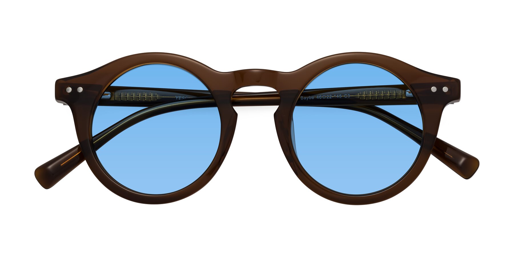 Folded Front of Baybe in Brown with Medium Blue Tinted Lenses