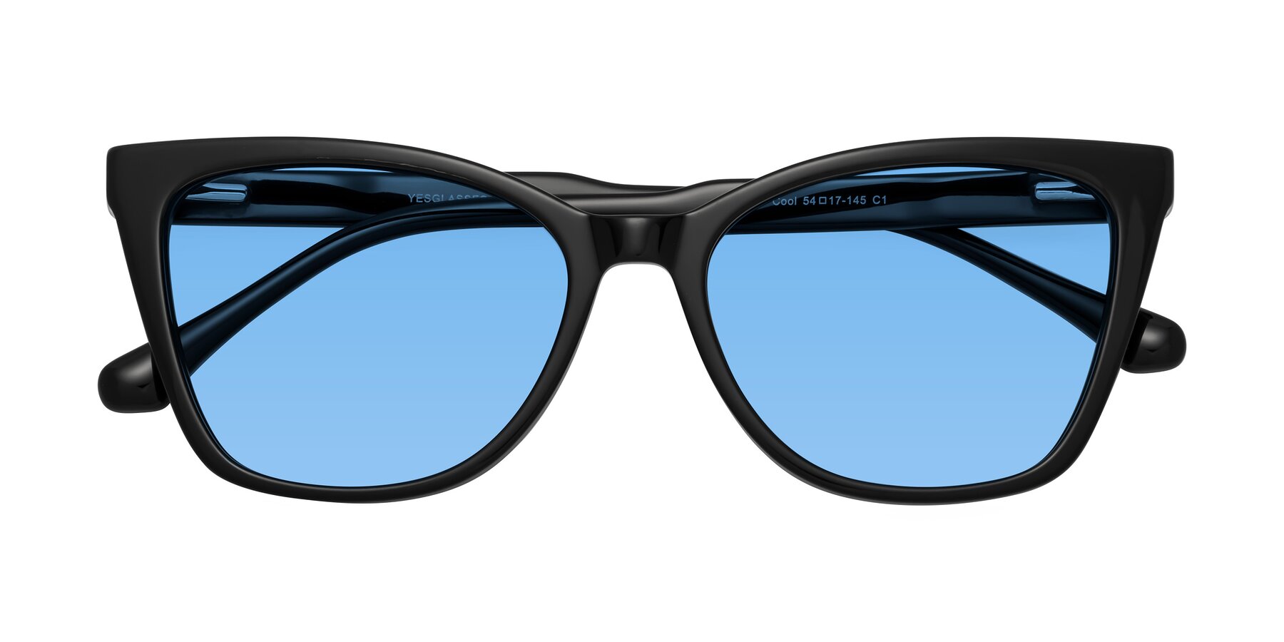 Folded Front of Cool in Black with Medium Blue Tinted Lenses