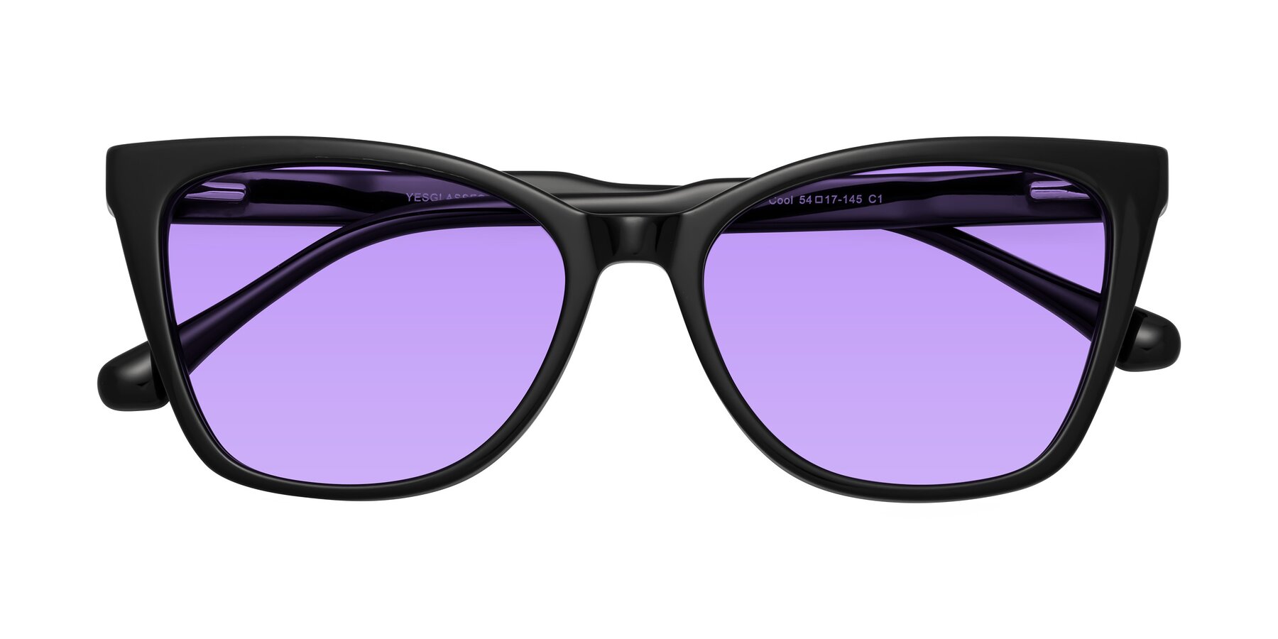 Folded Front of Cool in Black with Medium Purple Tinted Lenses