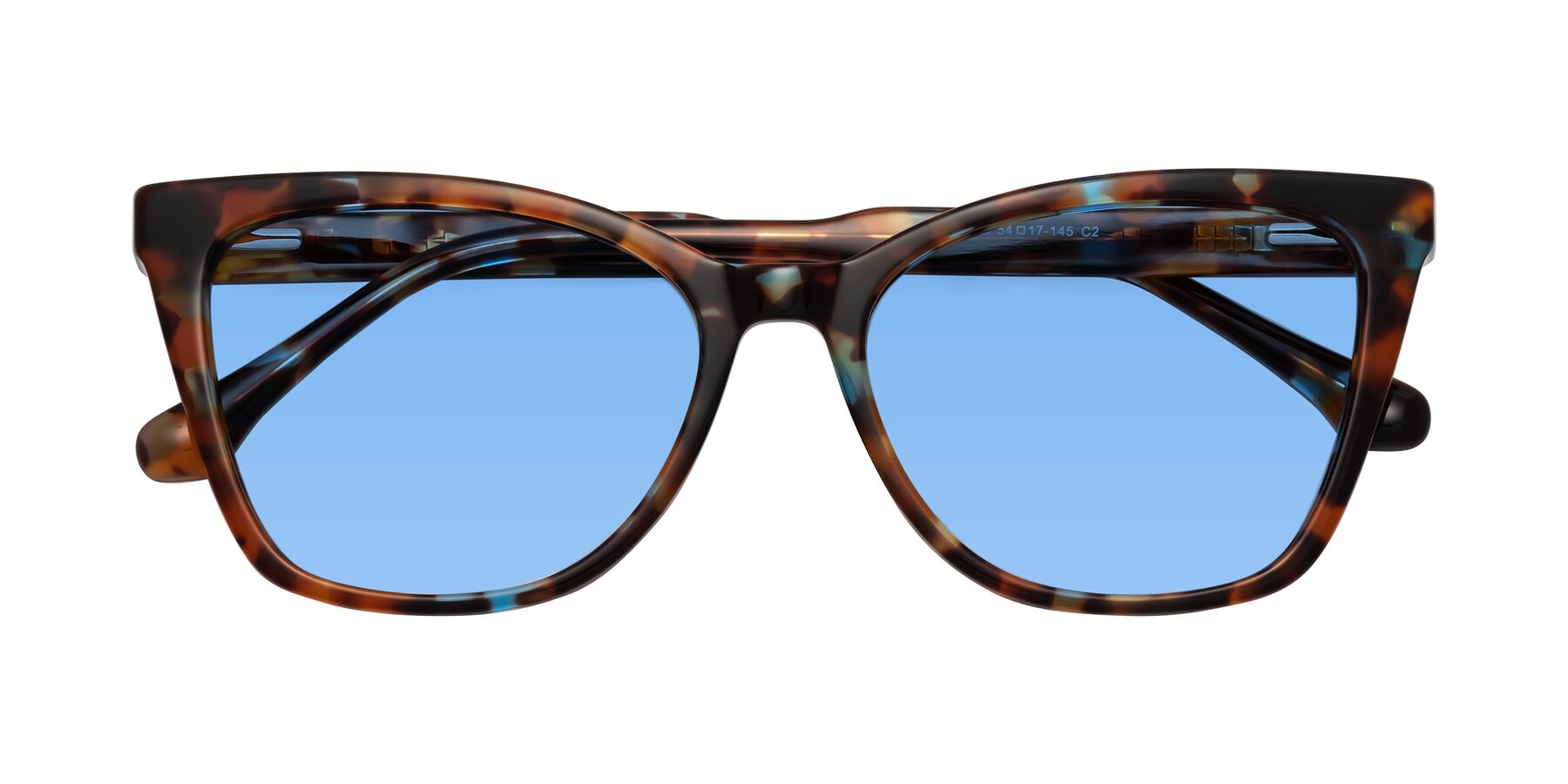 Folded Front of Cool in Floral Tortoise with Medium Blue Tinted Lenses