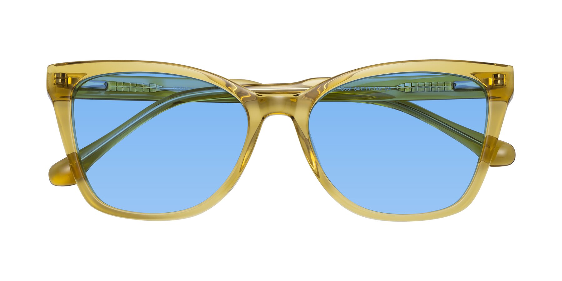 Folded Front of Cool in Champagne with Medium Blue Tinted Lenses