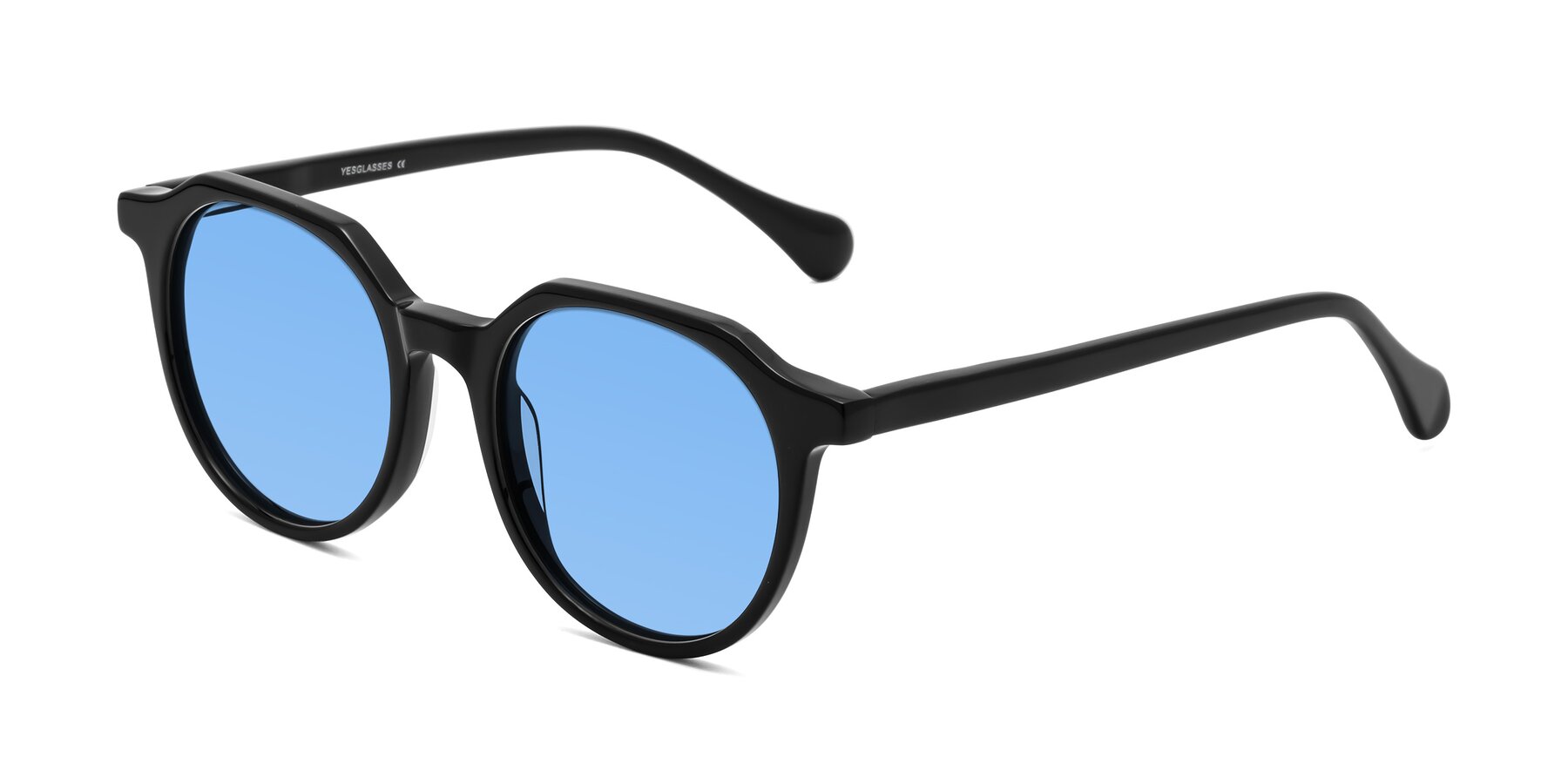 Angle of Payper in Black with Medium Blue Tinted Lenses