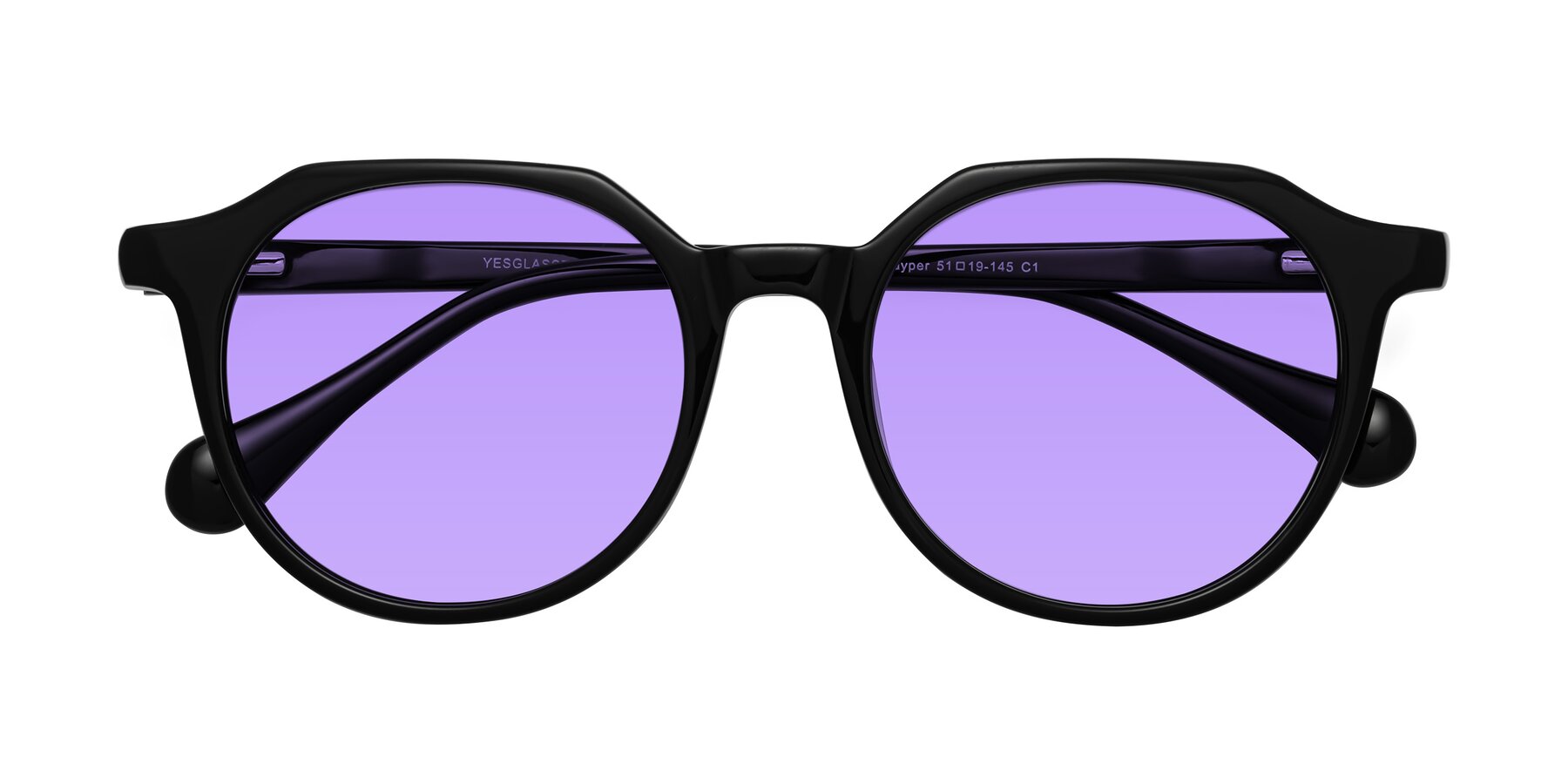 Folded Front of Payper in Black with Medium Purple Tinted Lenses