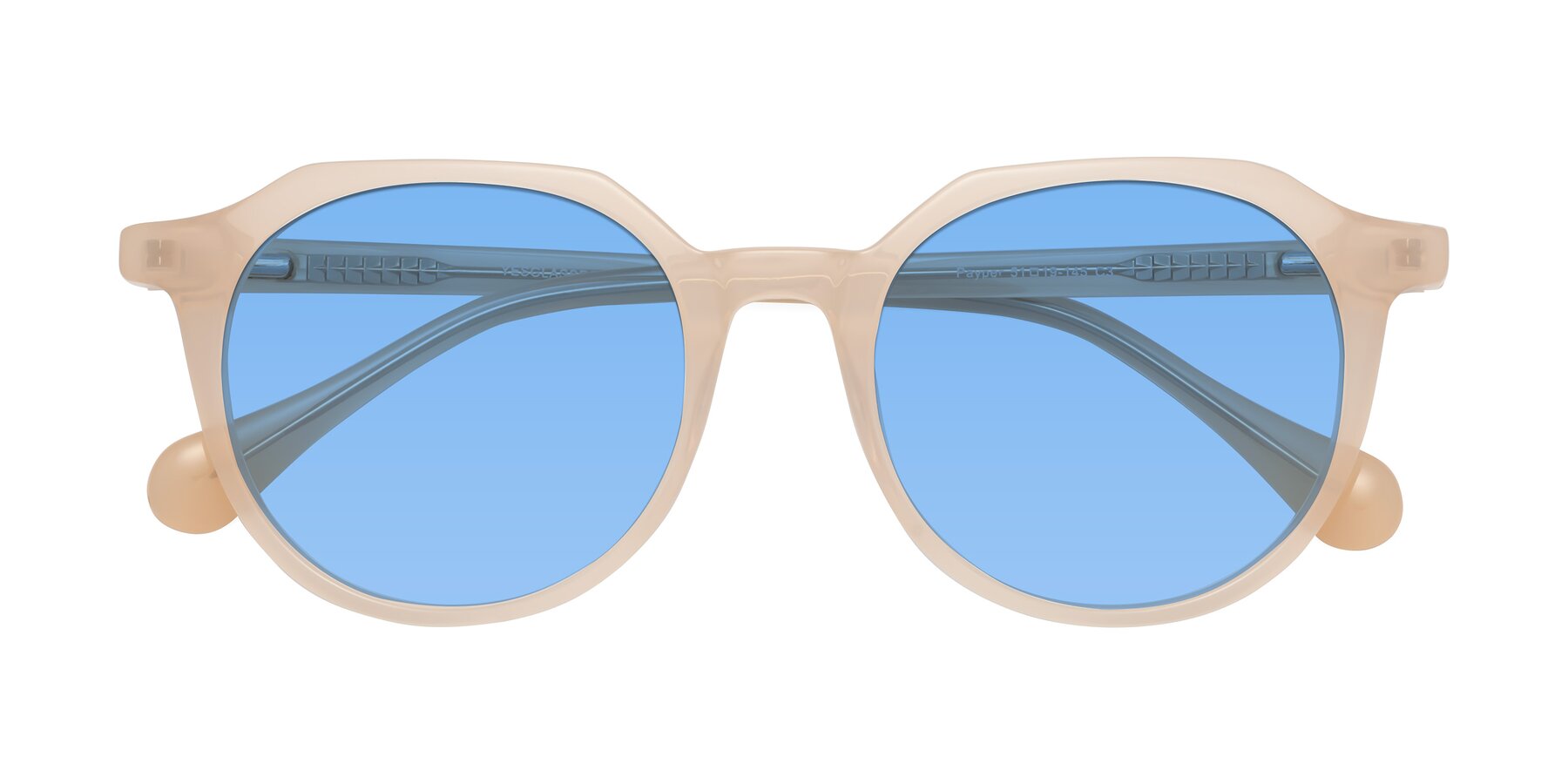 Folded Front of Payper in Pale Pink with Medium Blue Tinted Lenses