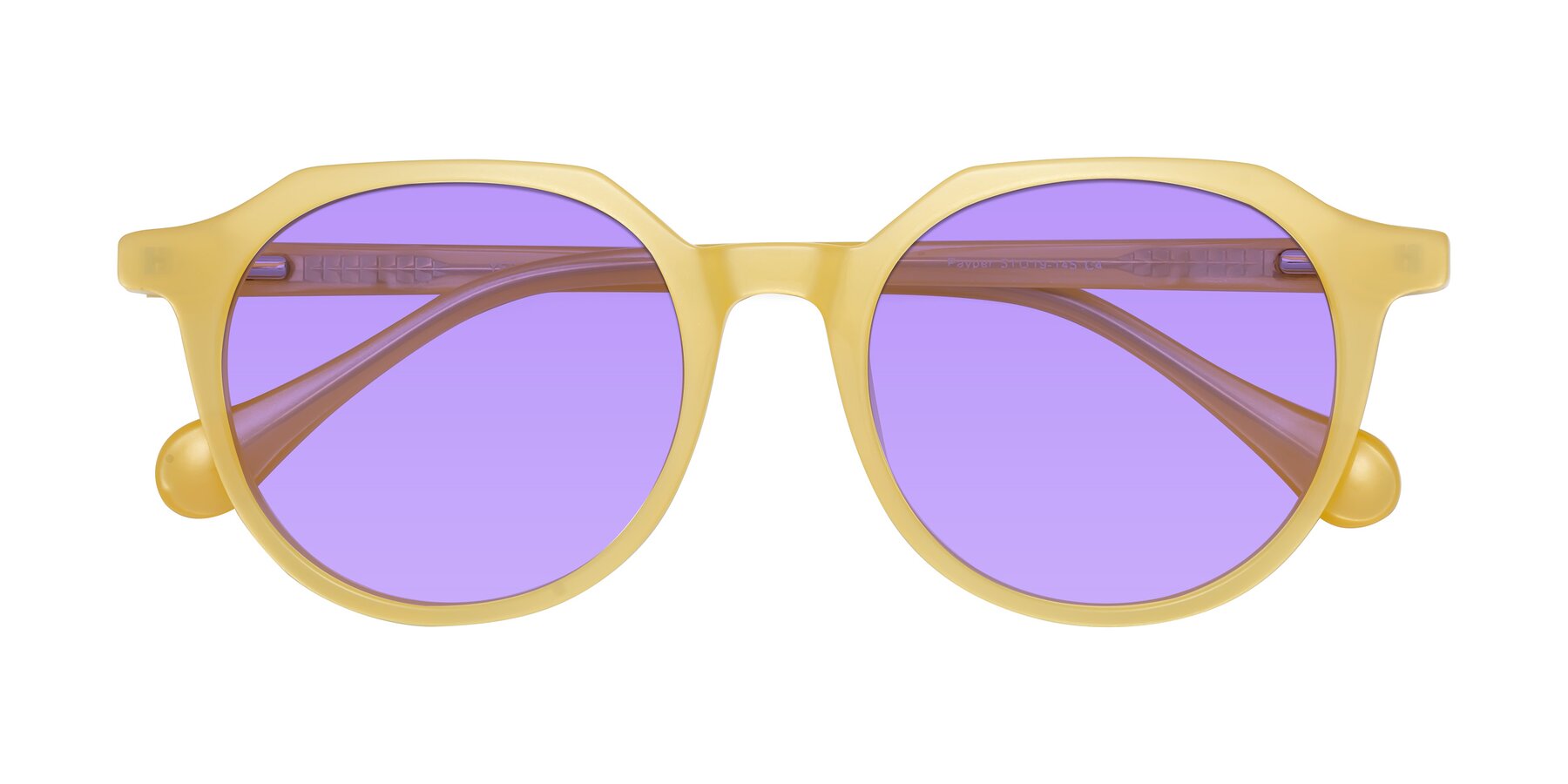 Folded Front of Payper in Frosty Yellow with Medium Purple Tinted Lenses