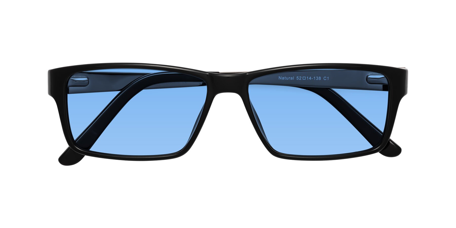 Folded Front of Natural in Black with Medium Blue Tinted Lenses