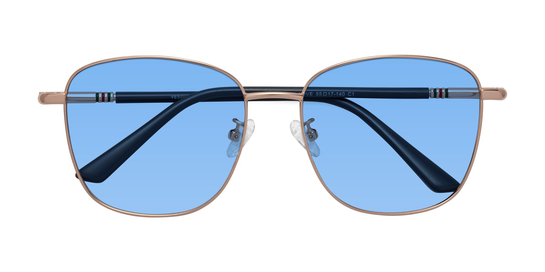 Folded Front of Love in Gold with Medium Blue Tinted Lenses